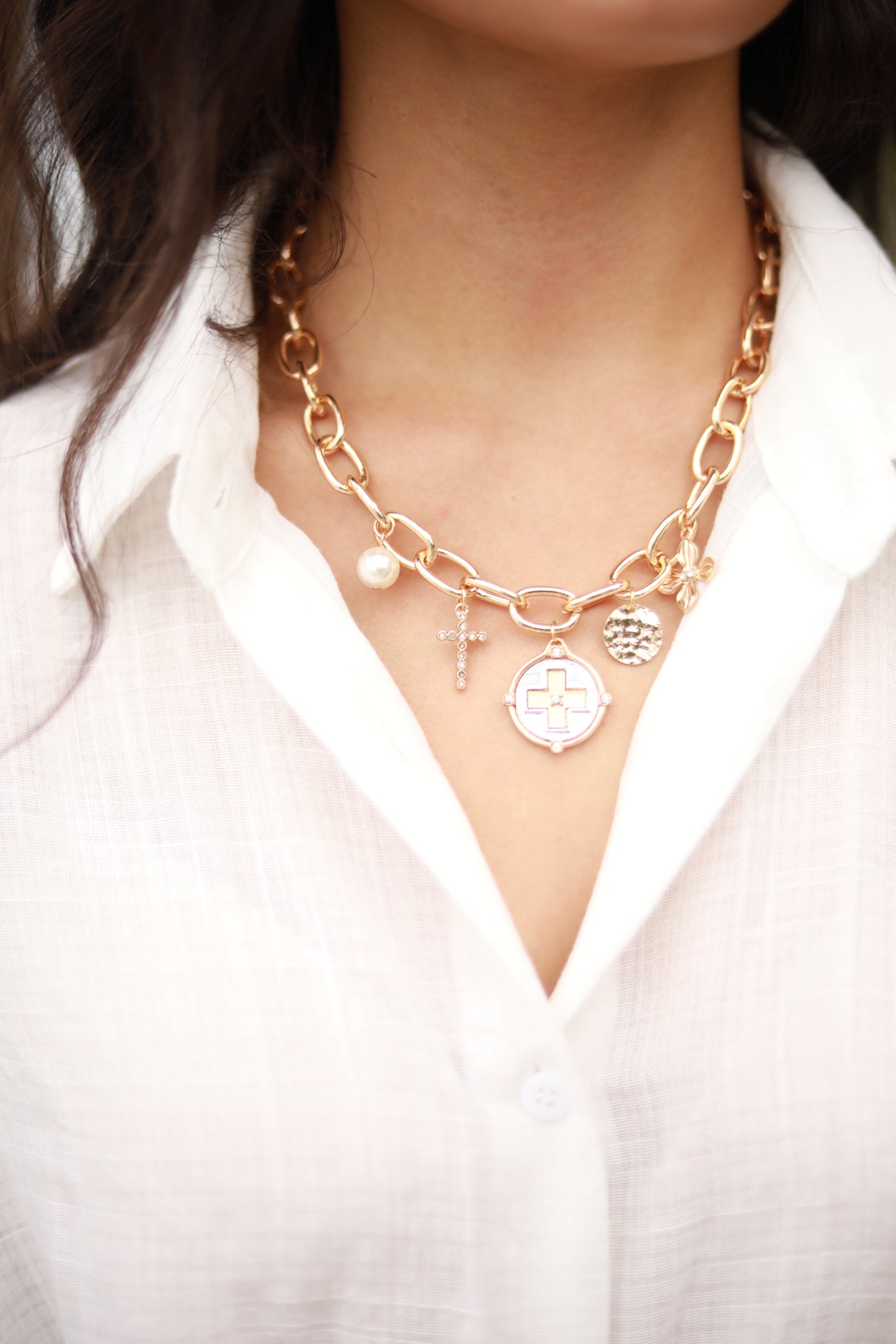Cross Coin Pearl Charm Necklace