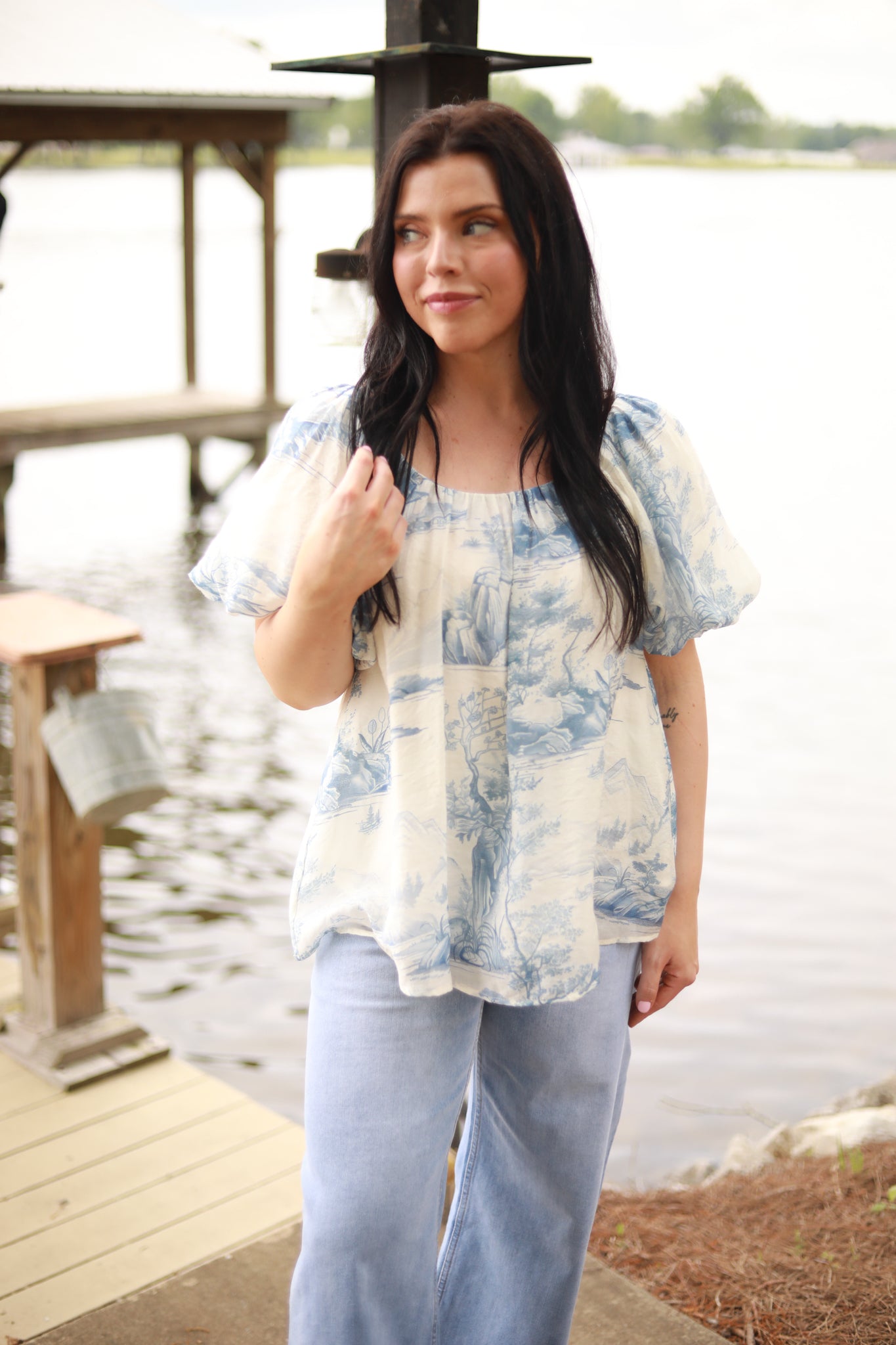 Toile Print Puff Sleeve Top