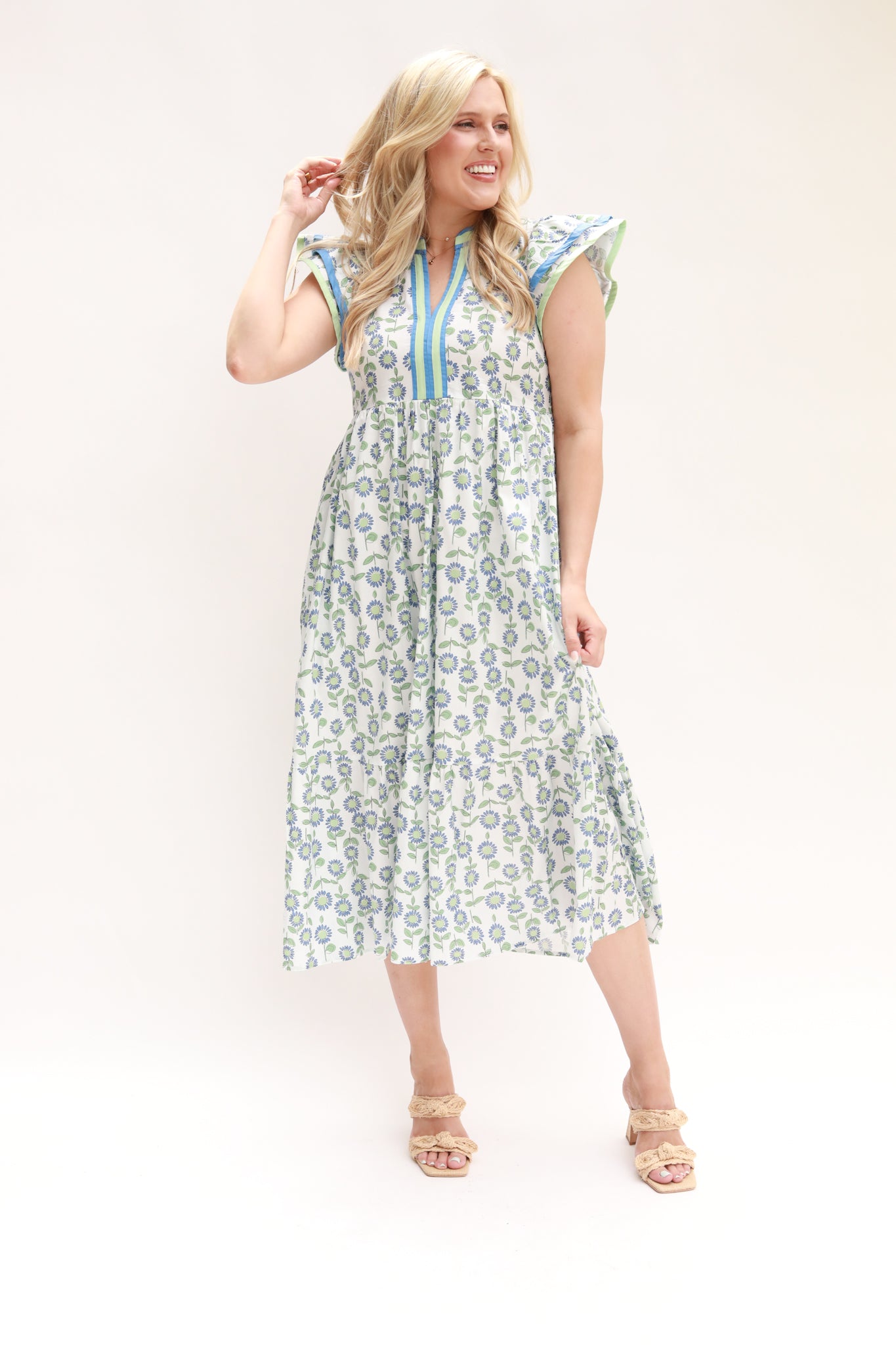 Stripe Taping Floral Midi Dress
