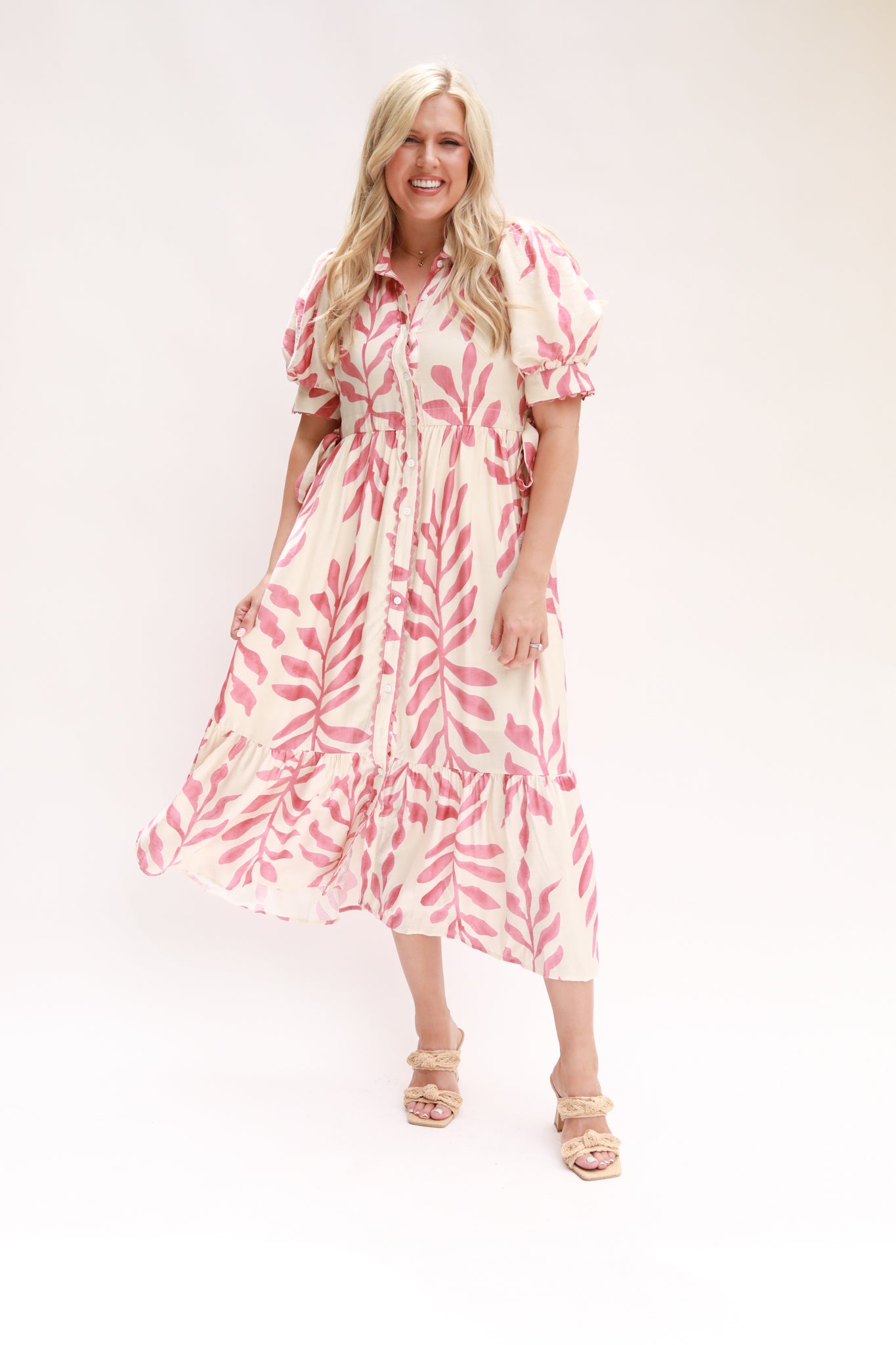 Leaf Print Button Down Midi Dress
