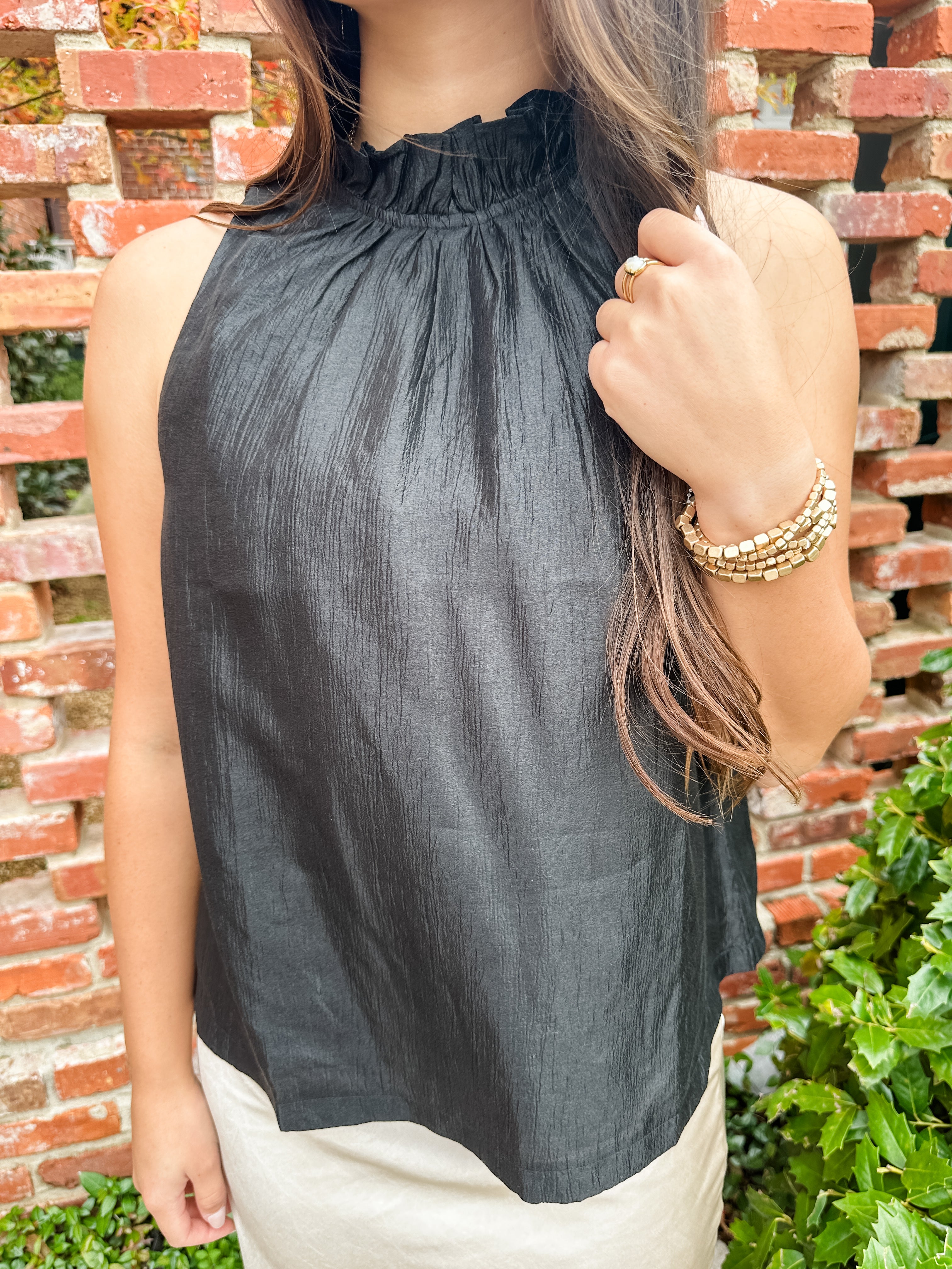 Ruffle Neck Shimmer Sleeveless Top