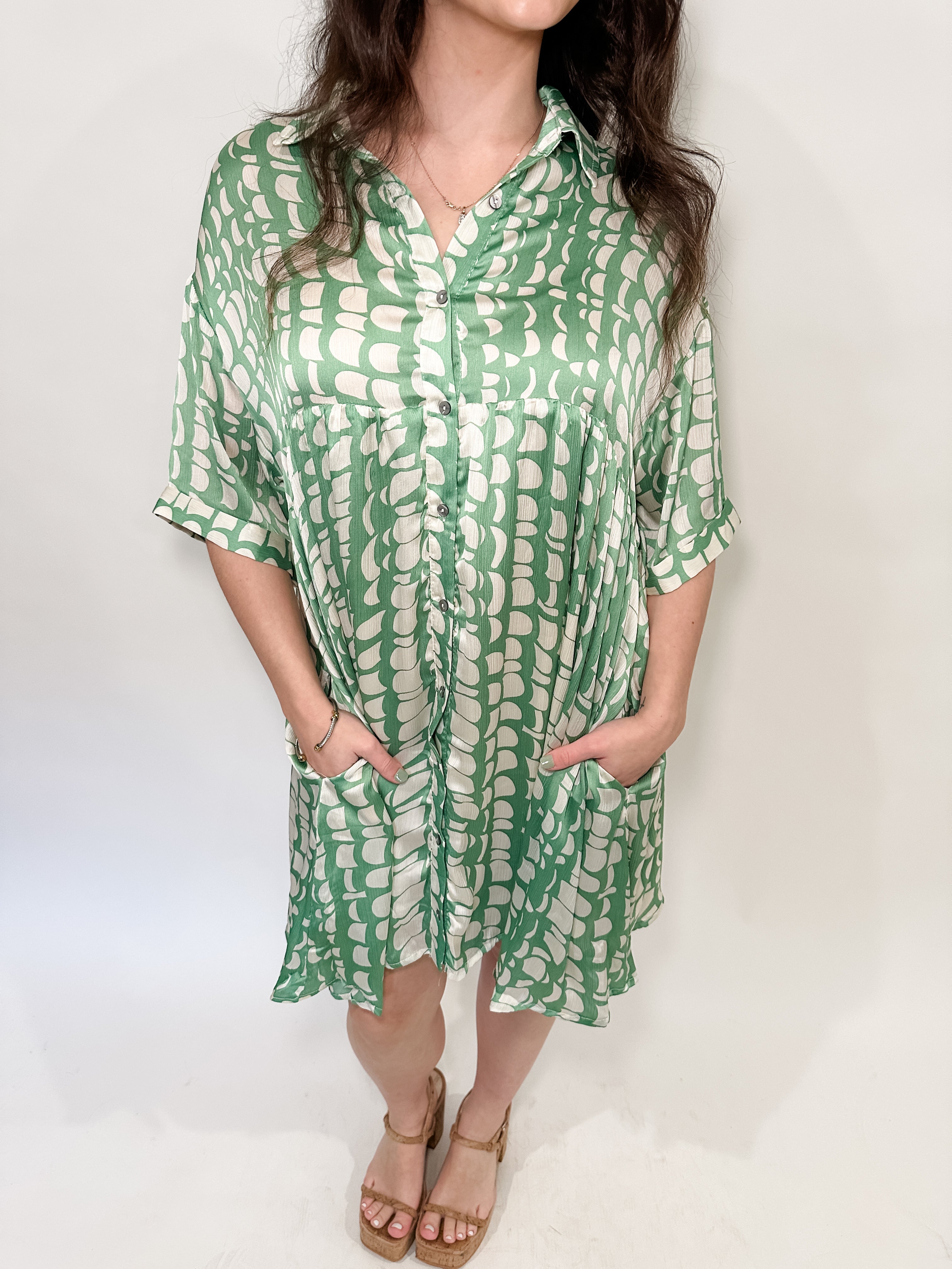Button Front Wave Printed Dress
