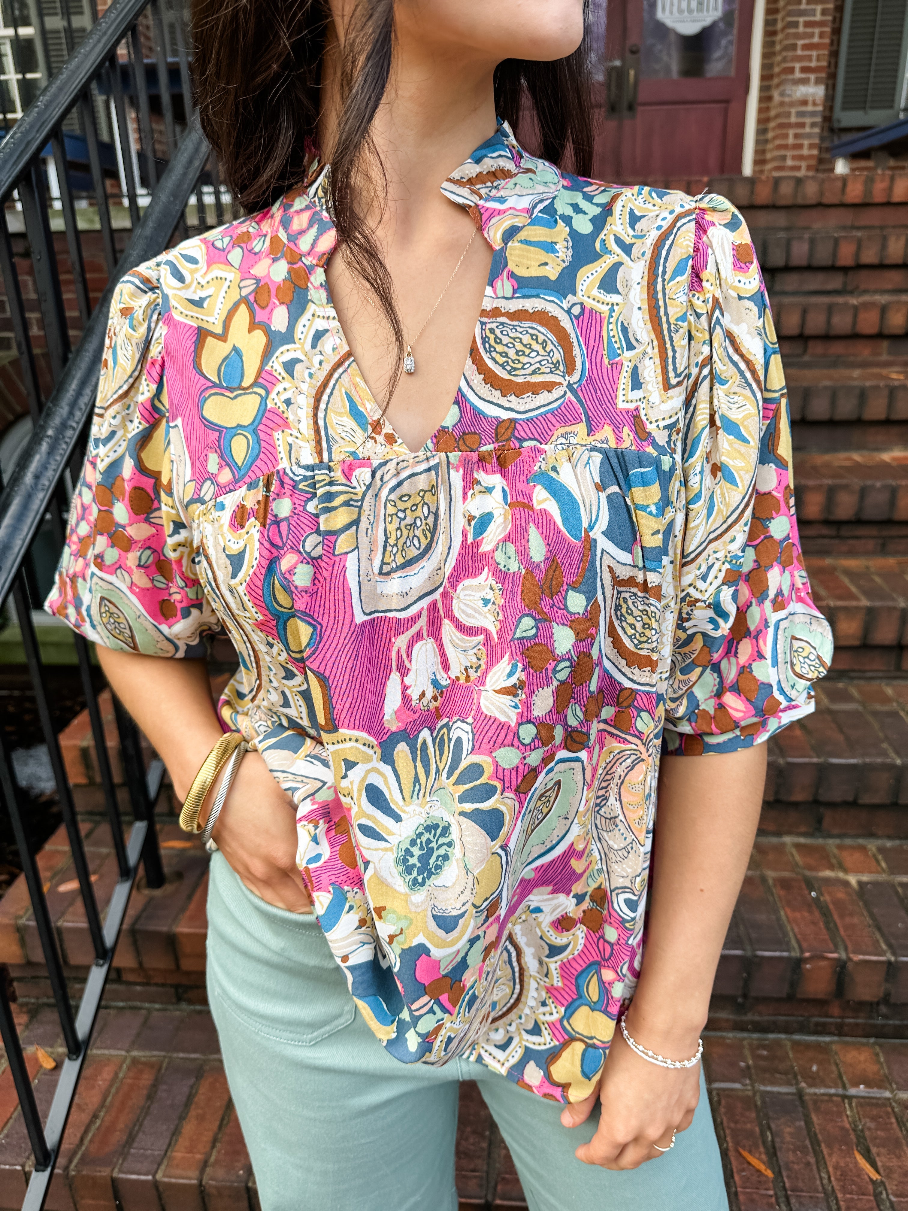 Mix Print Puff Sleeve Top