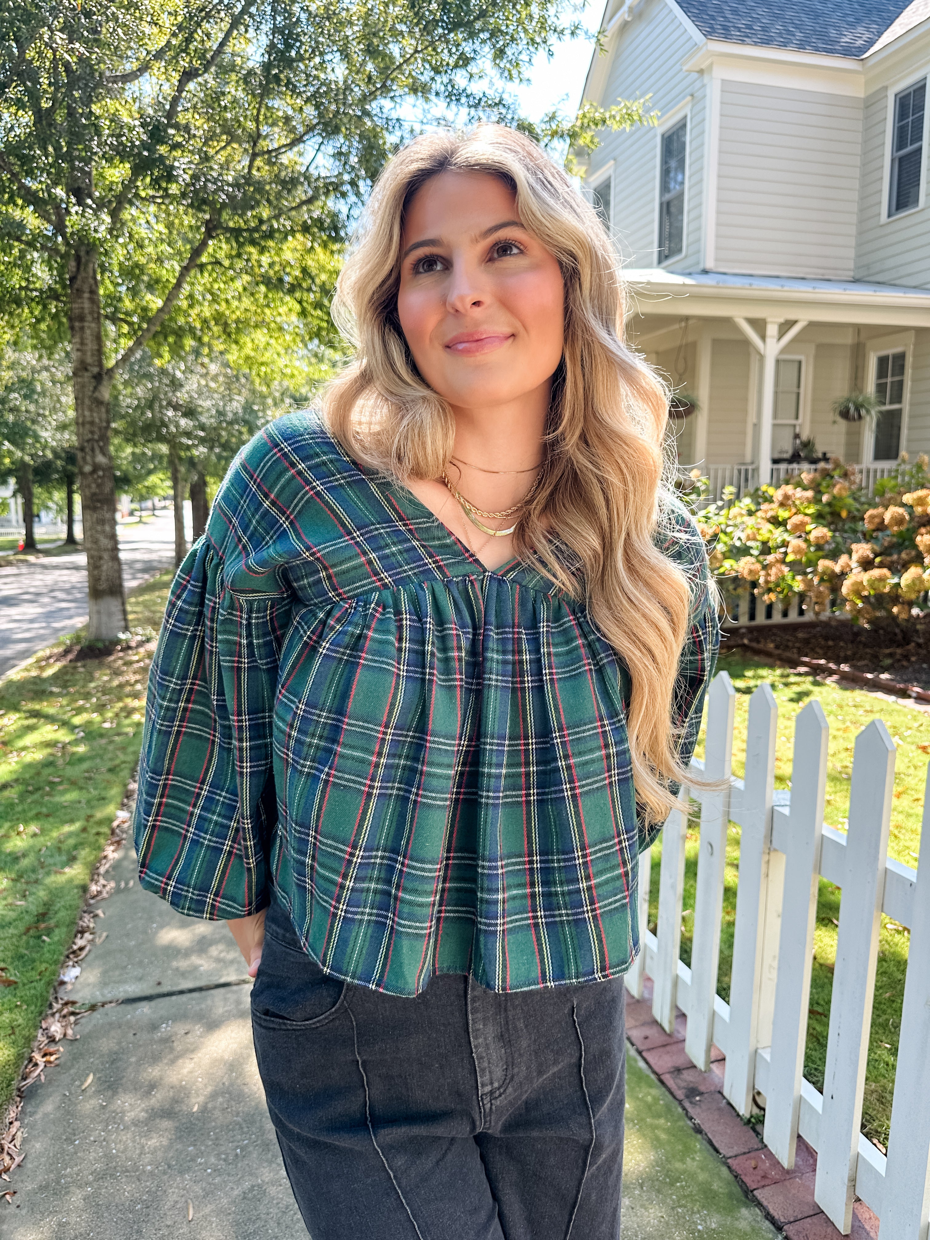 Plaid V-neck Top