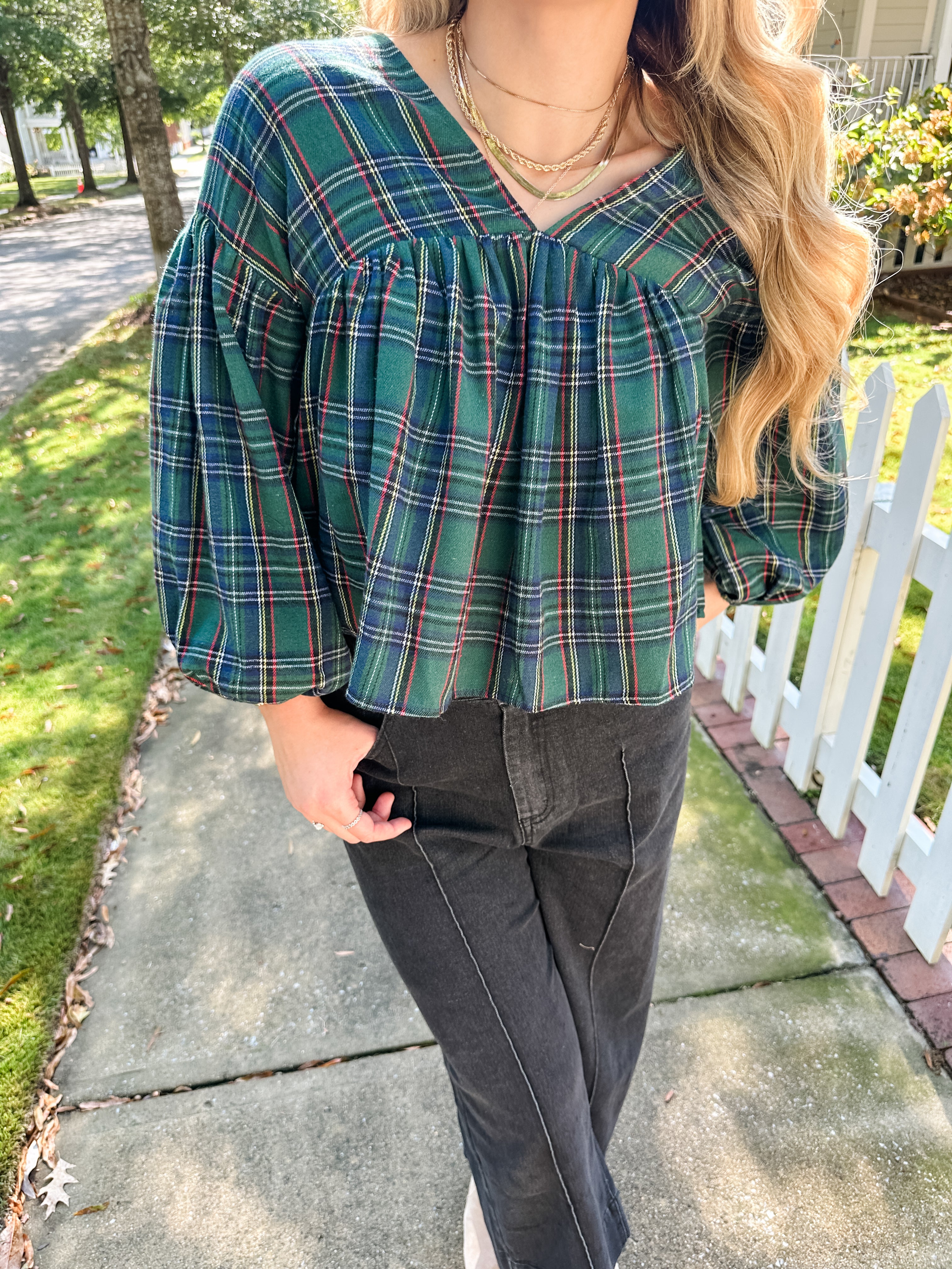 Plaid V-neck Top