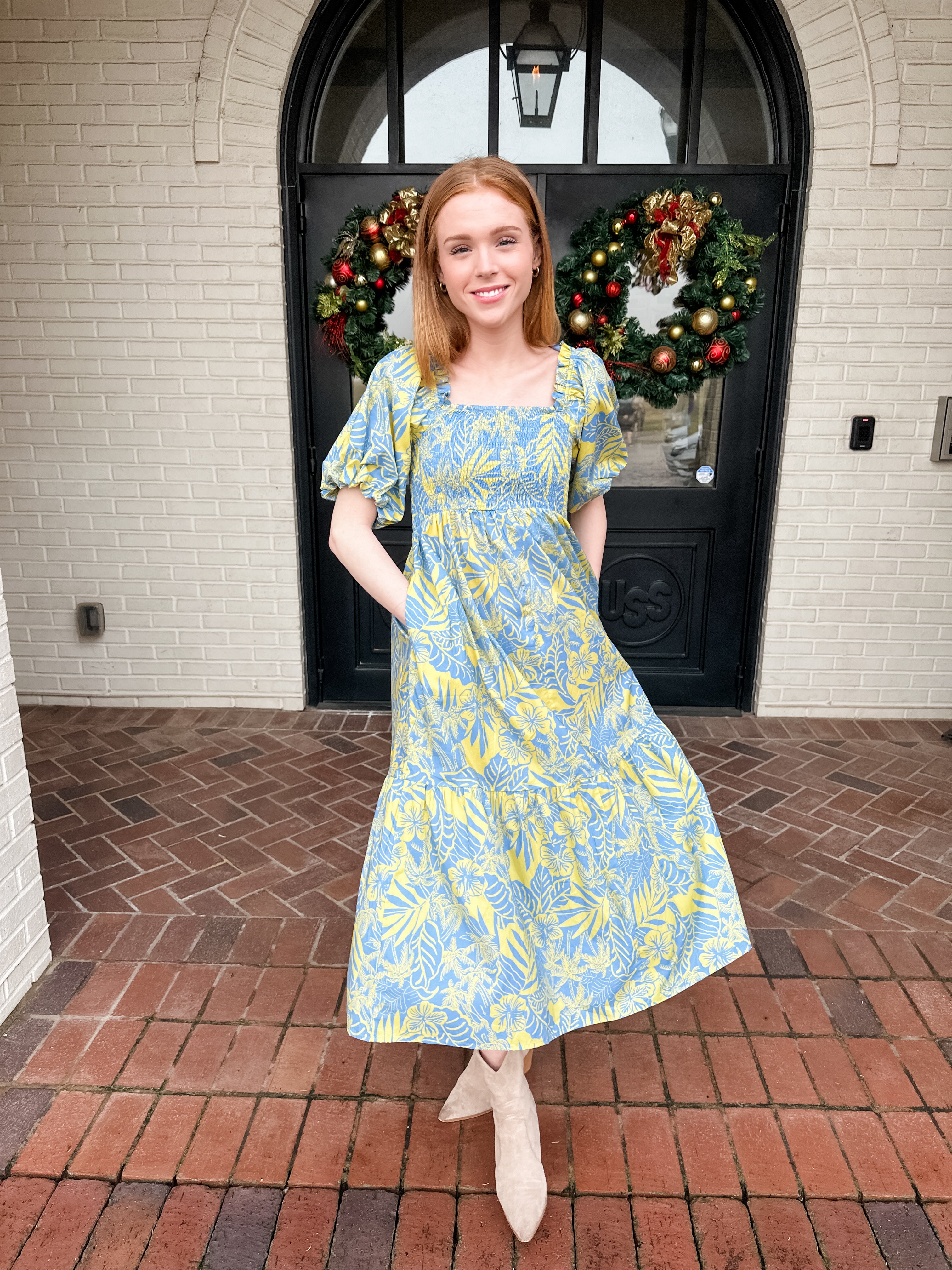 Printed Smocked Midi Dress