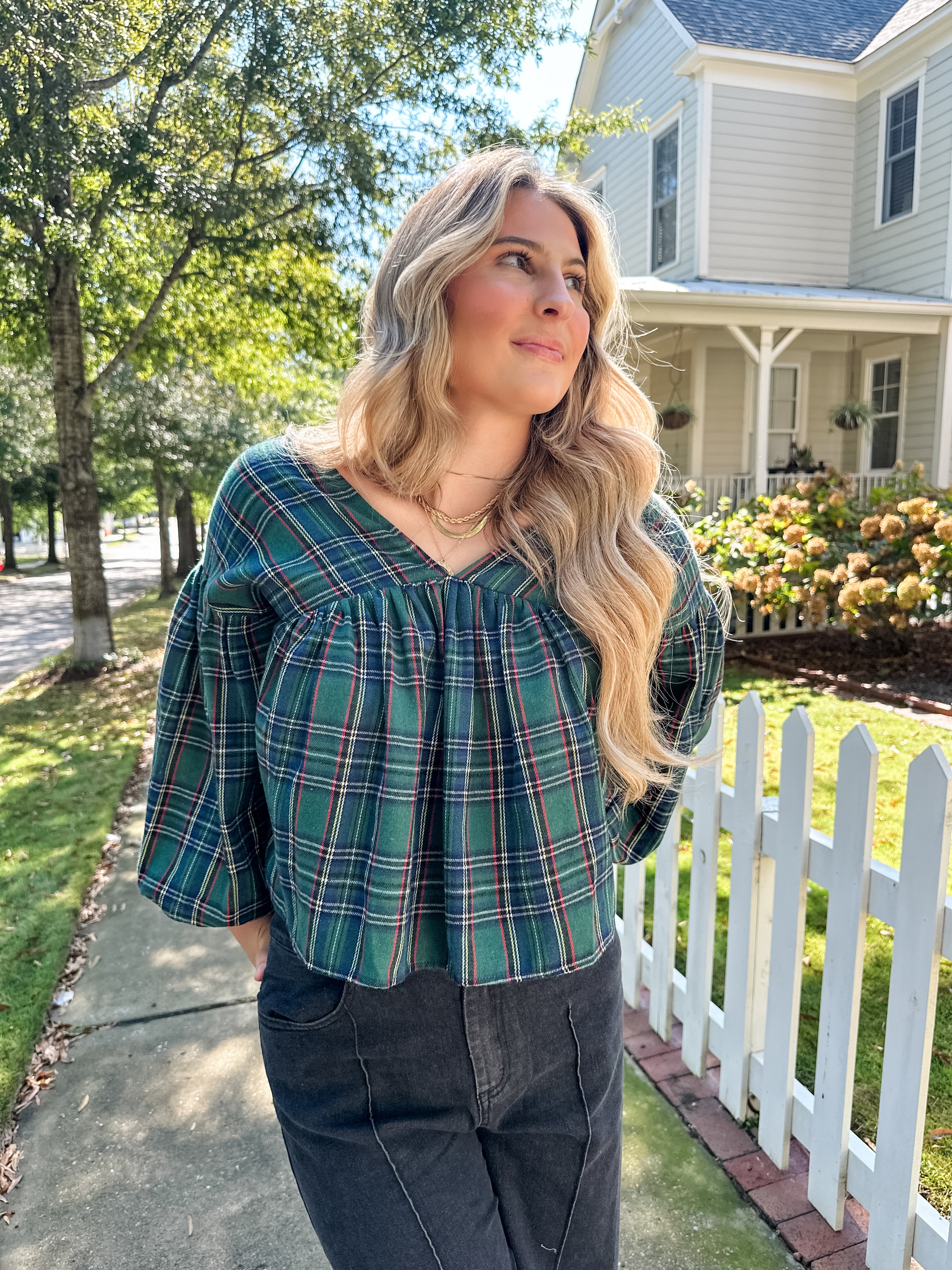 Plaid V-neck Top