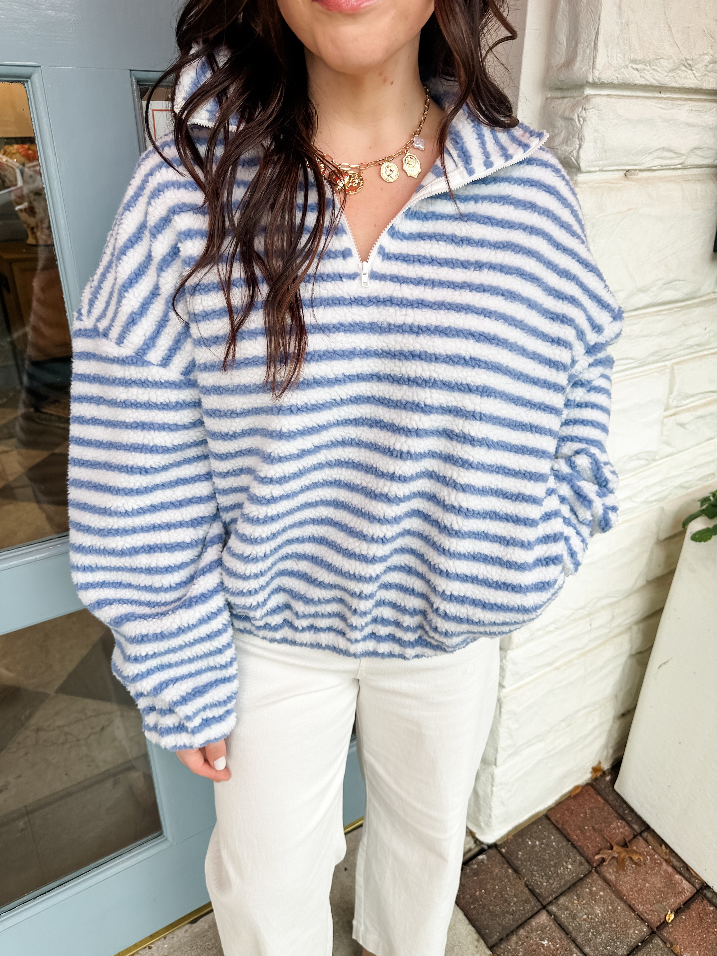 Fuzzy Stripe Quarter Zip Jacket