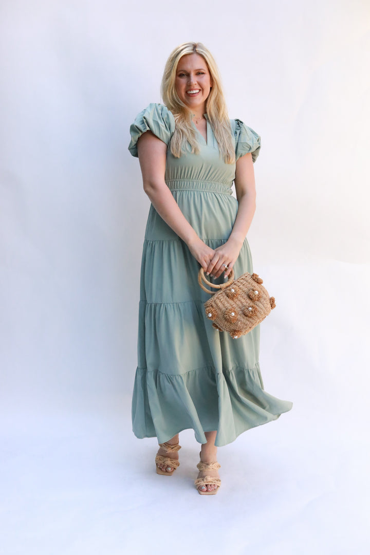 Tiered Puff Sleeve Midi Dress