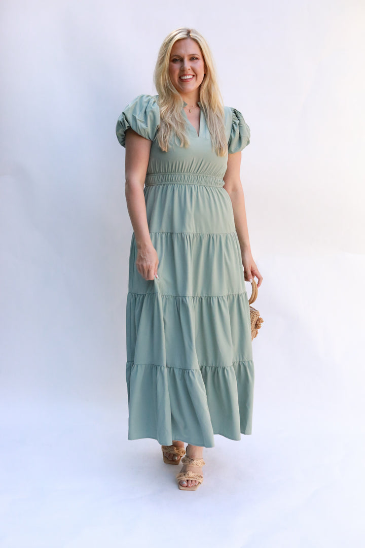 Tiered Puff Sleeve Midi Dress