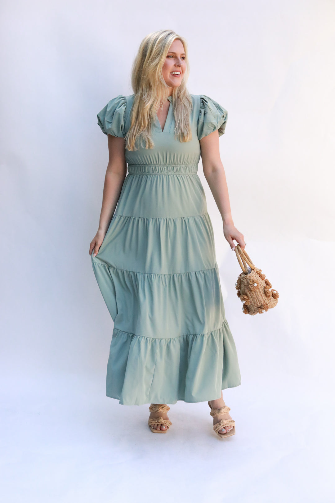 Tiered Puff Sleeve Midi Dress