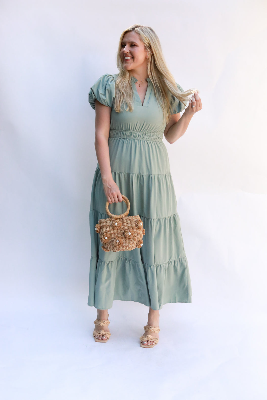 Tiered Puff Sleeve Midi Dress