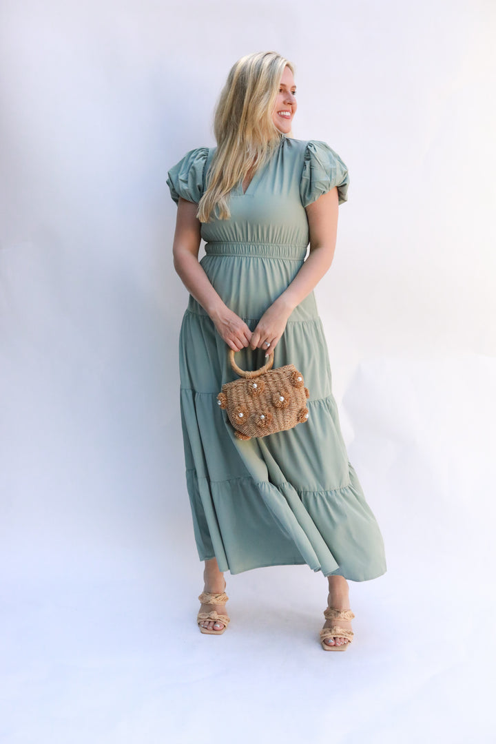 Tiered Puff Sleeve Midi Dress