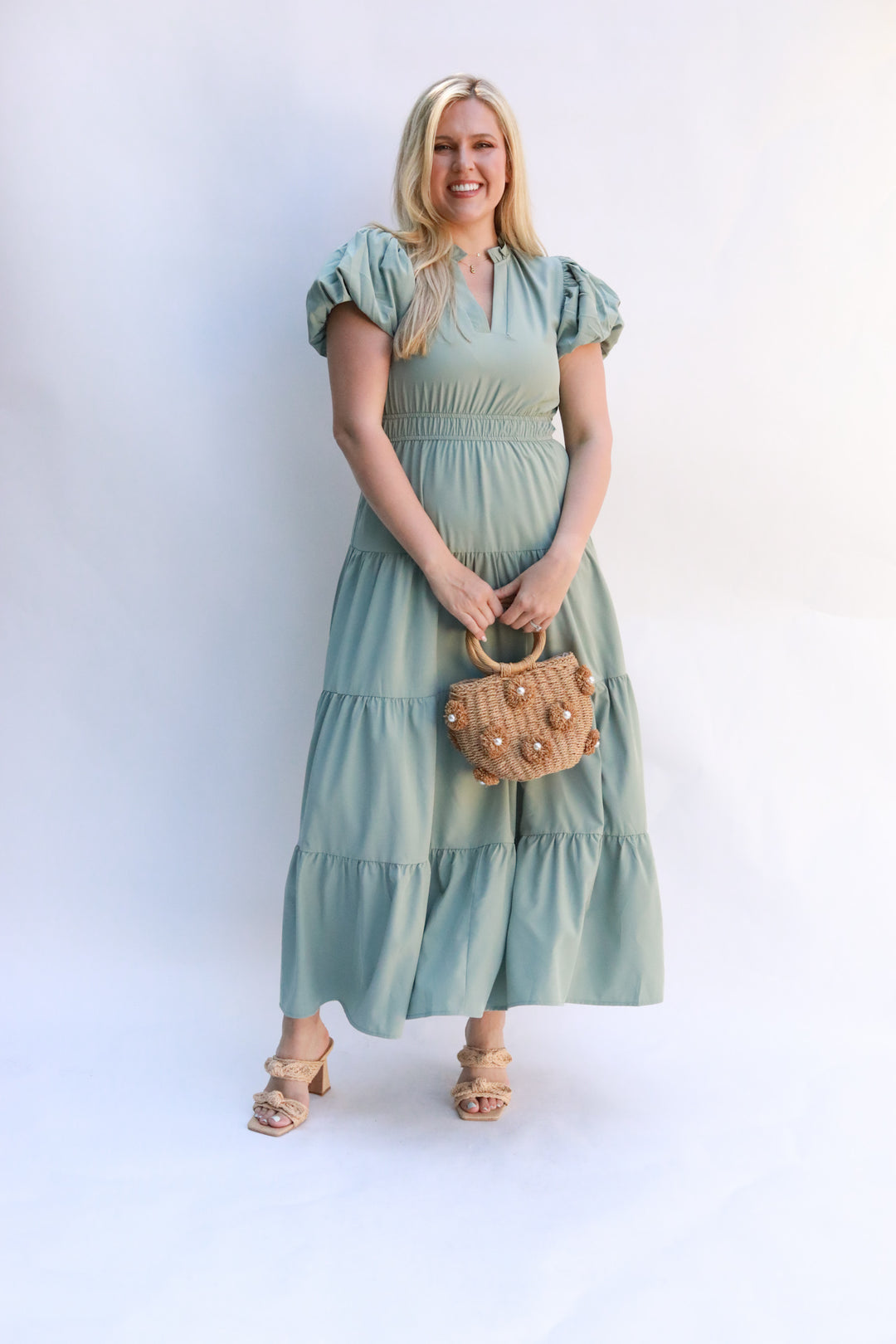Tiered Puff Sleeve Midi Dress