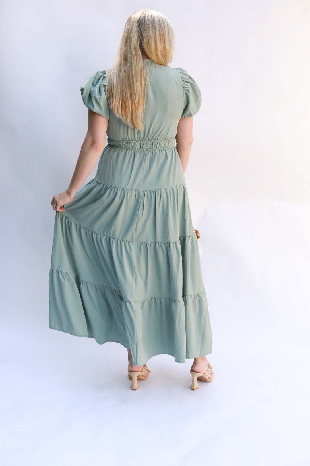 Tiered Puff Sleeve Midi Dress