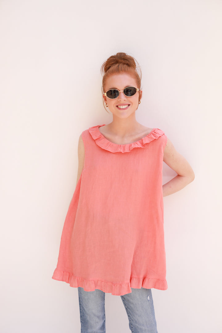 Sleeveless Ruffle Neck Linen Top