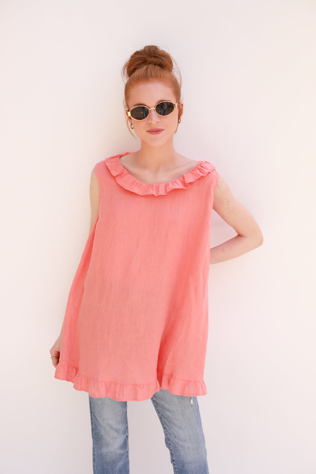Sleeveless Ruffle Neck Linen Top