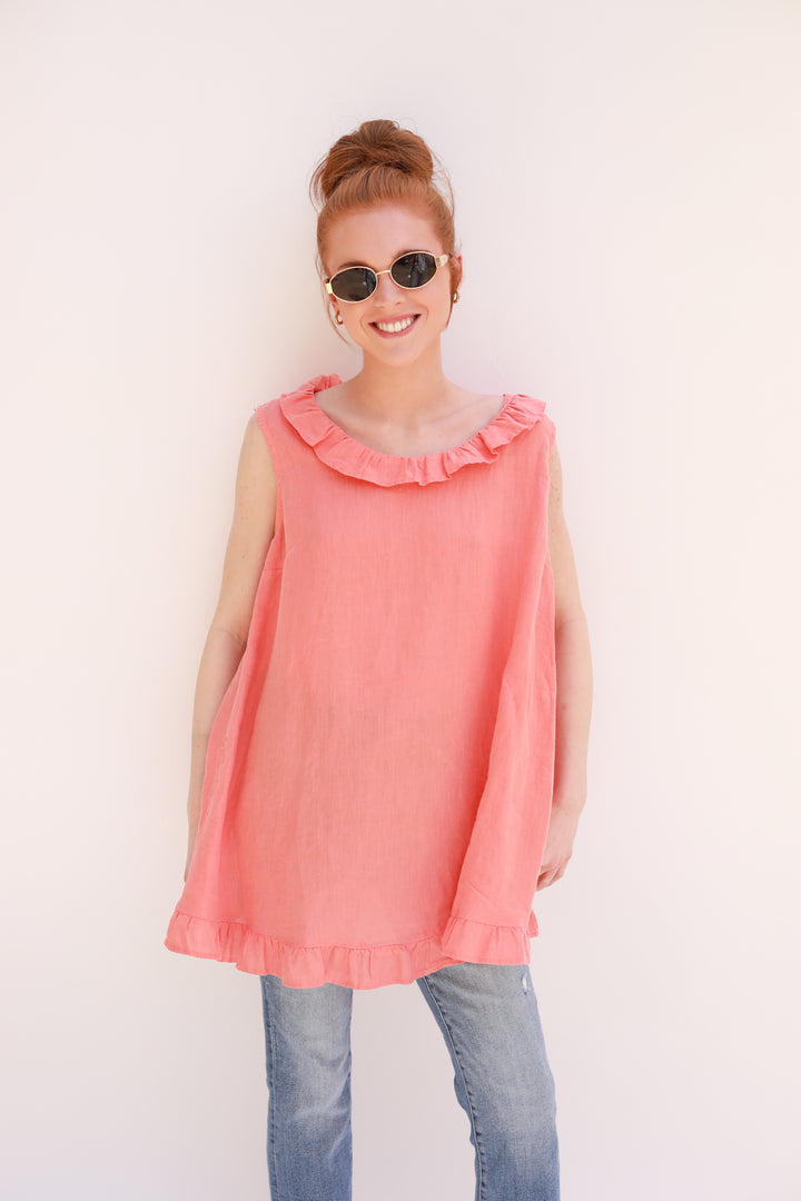 Sleeveless Ruffle Neck Linen Top