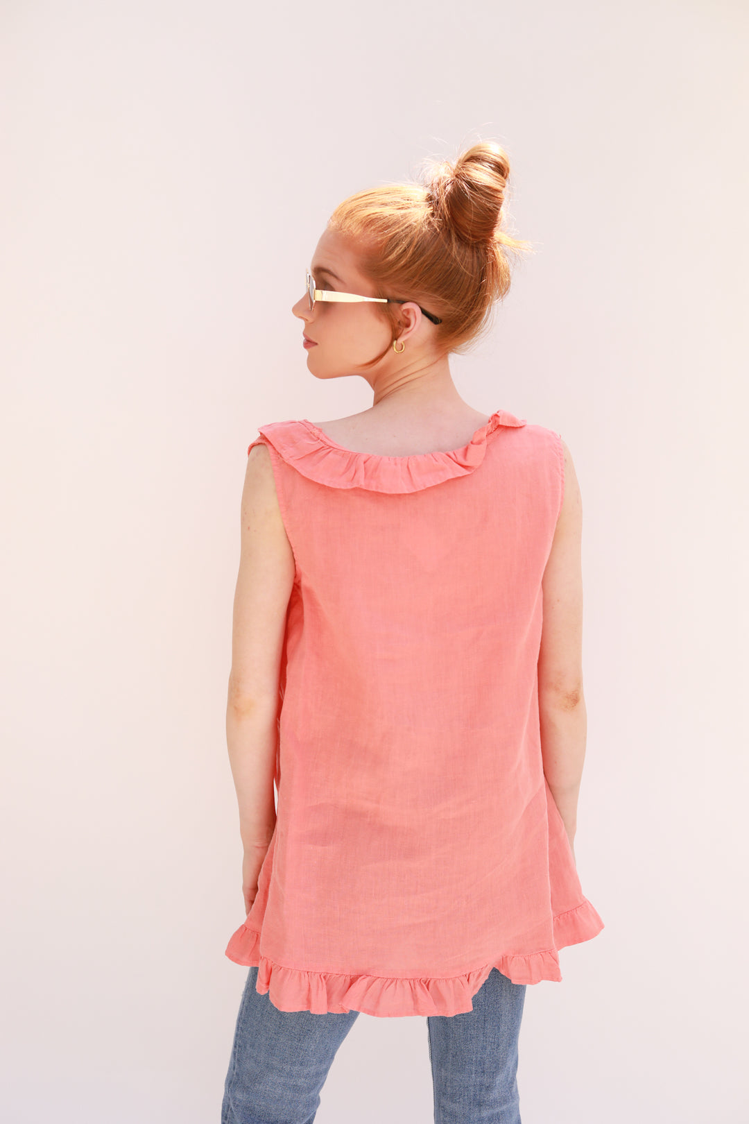 Sleeveless Ruffle Neck Linen Top