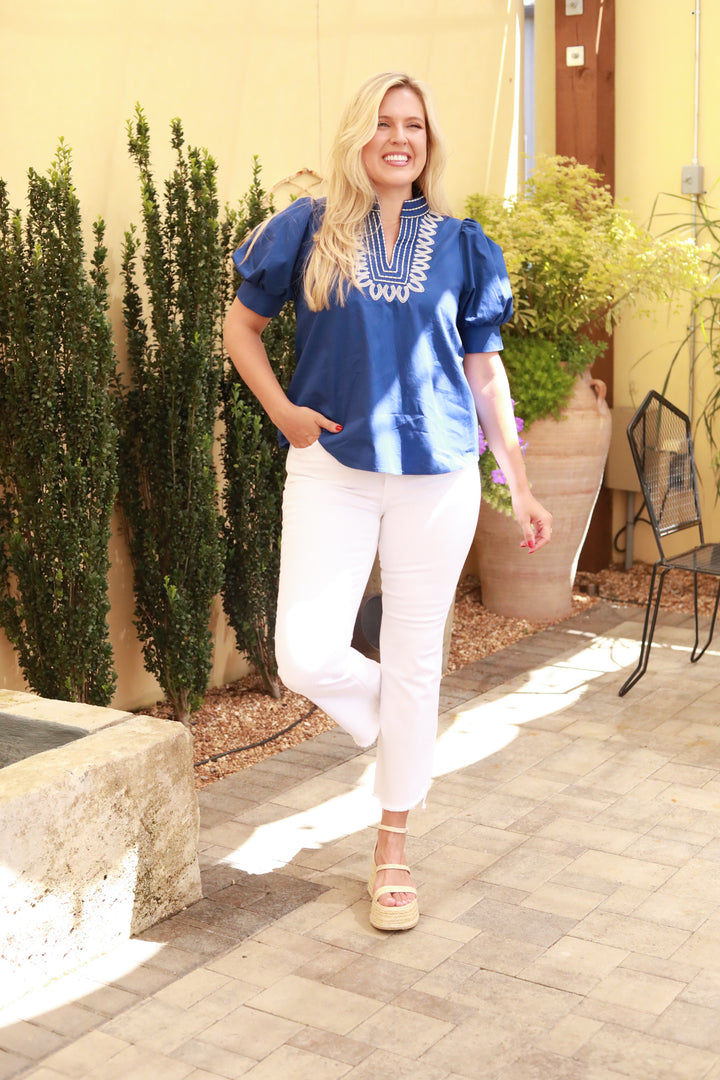 Embroidered Neck Top