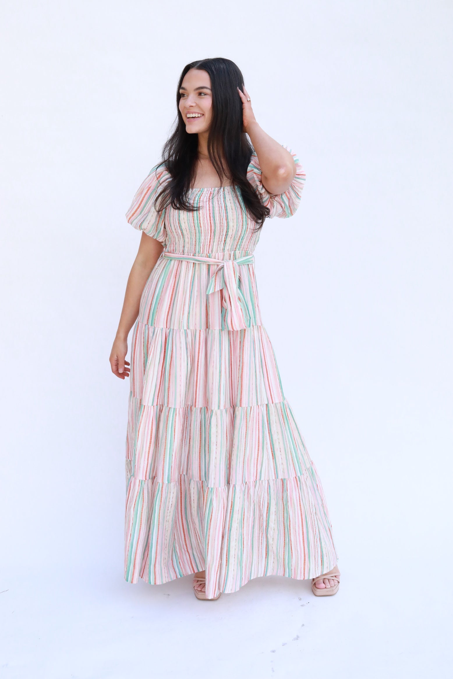 Striped Puff Sleeve Midi Dress