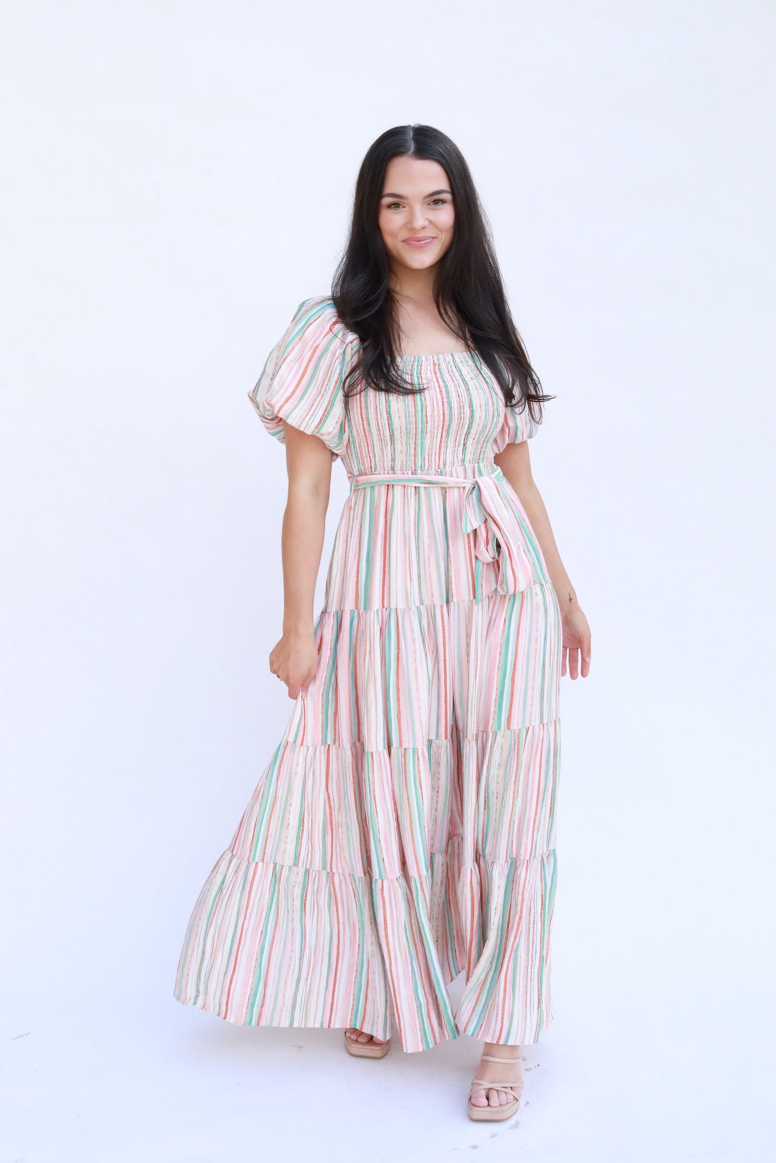 Striped Puff Sleeve Midi Dress