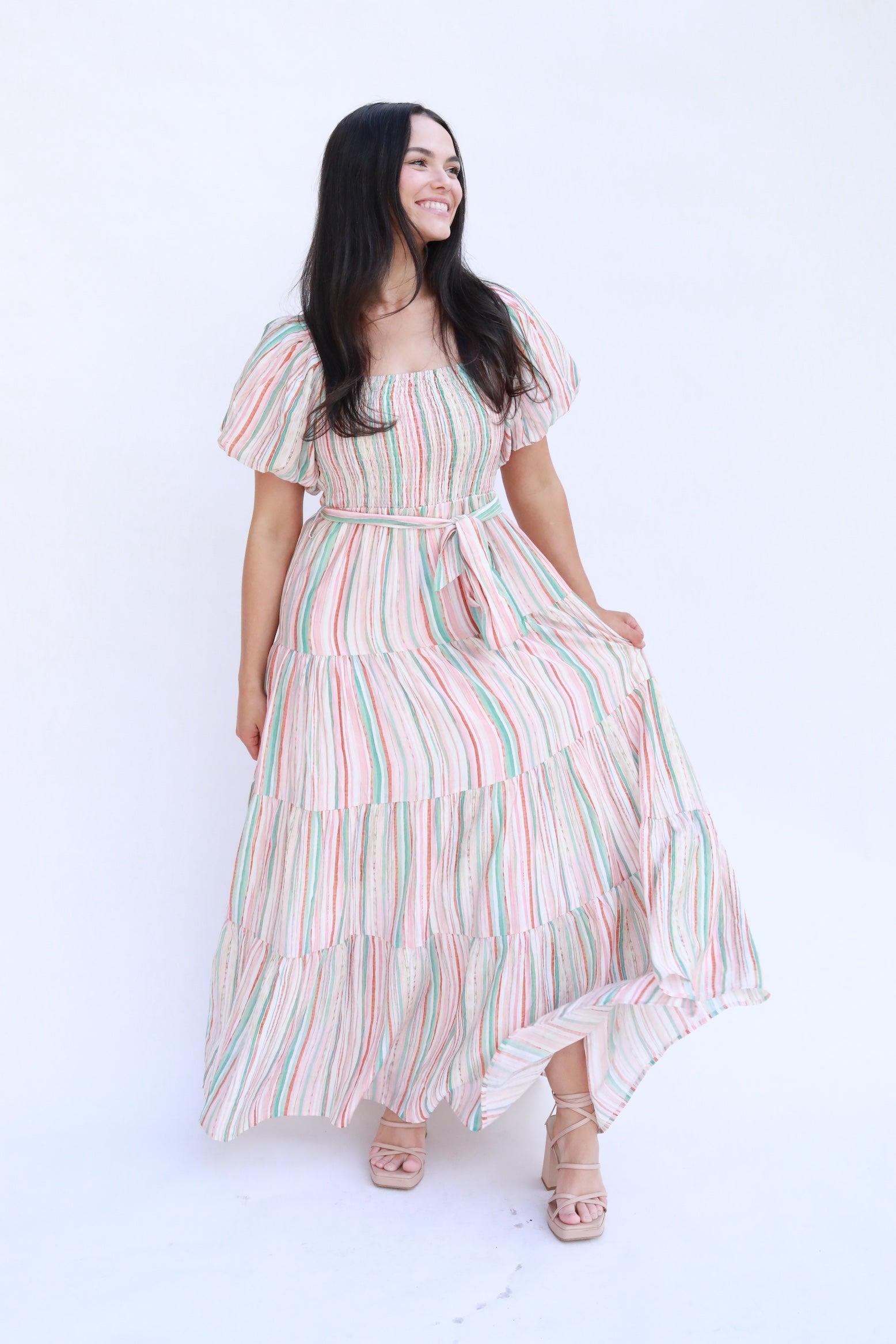 Striped Puff Sleeve Midi Dress