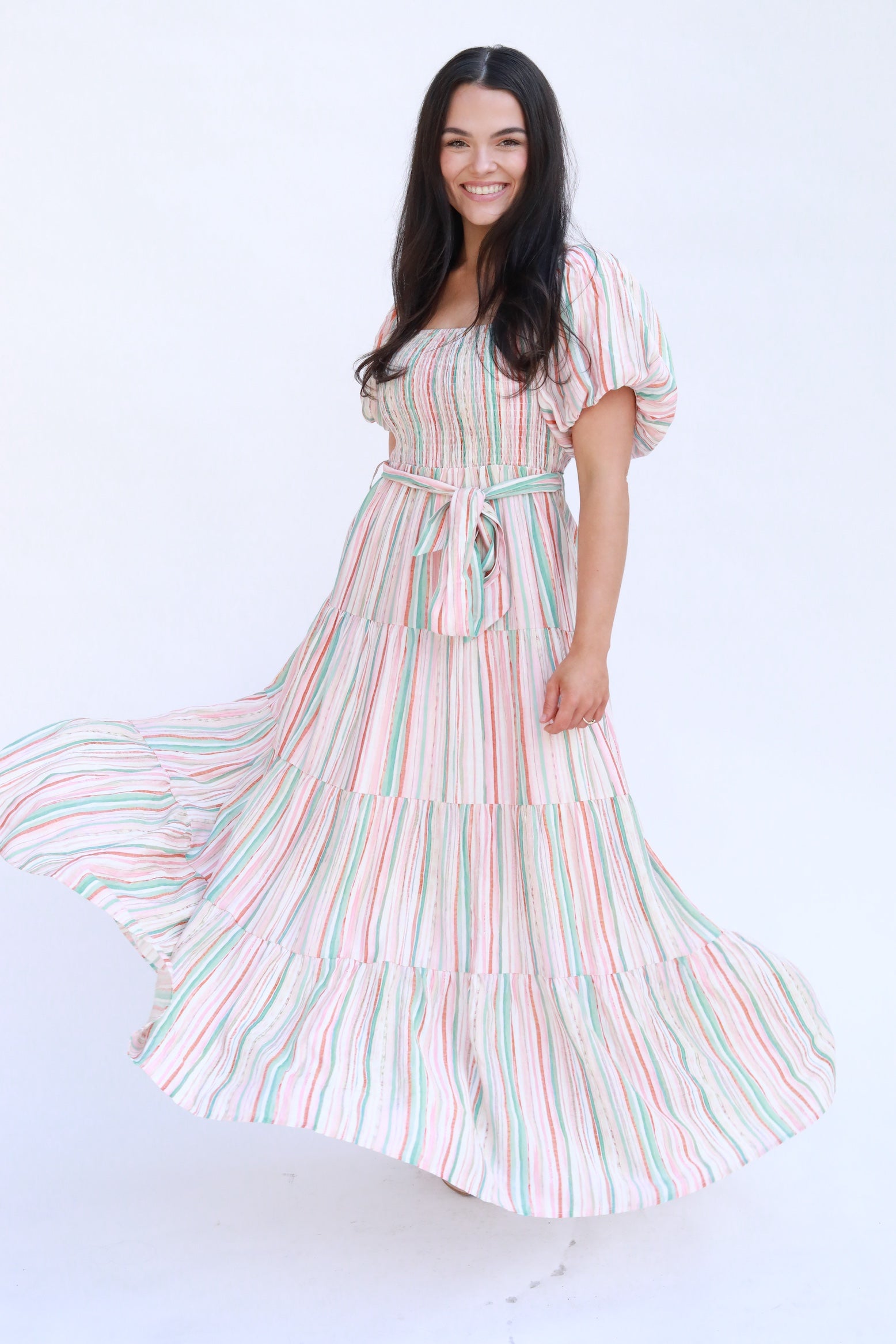 Striped Puff Sleeve Midi Dress