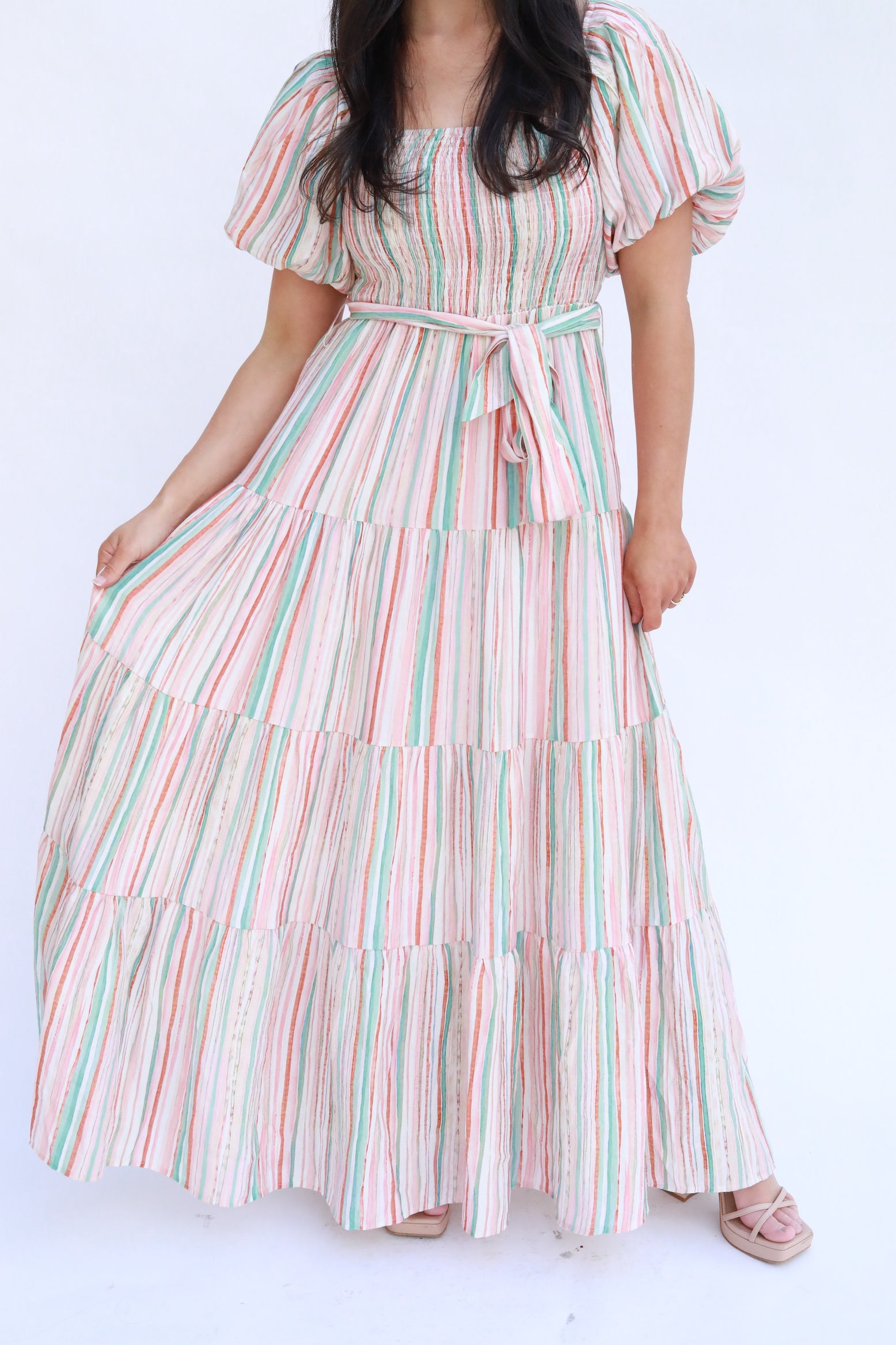 Striped Puff Sleeve Midi Dress