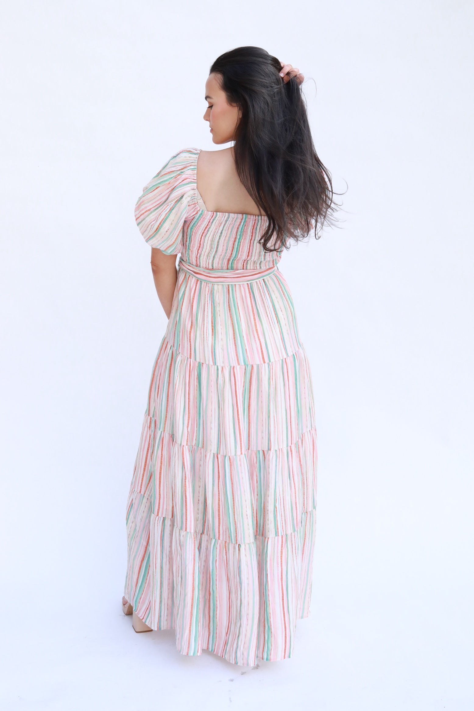 Striped Puff Sleeve Midi Dress