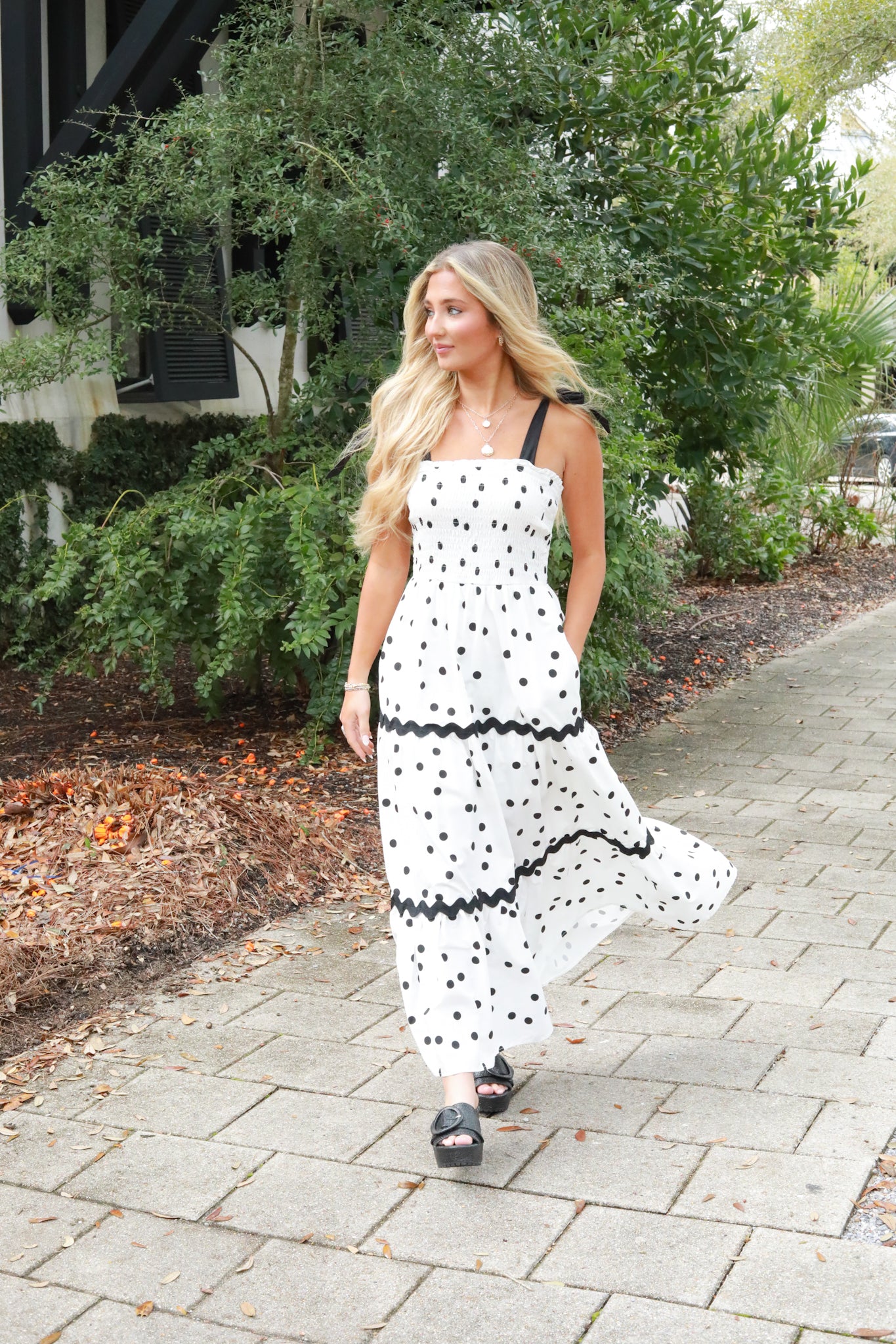 Polka Dot Tie Shoulder Midi Dress