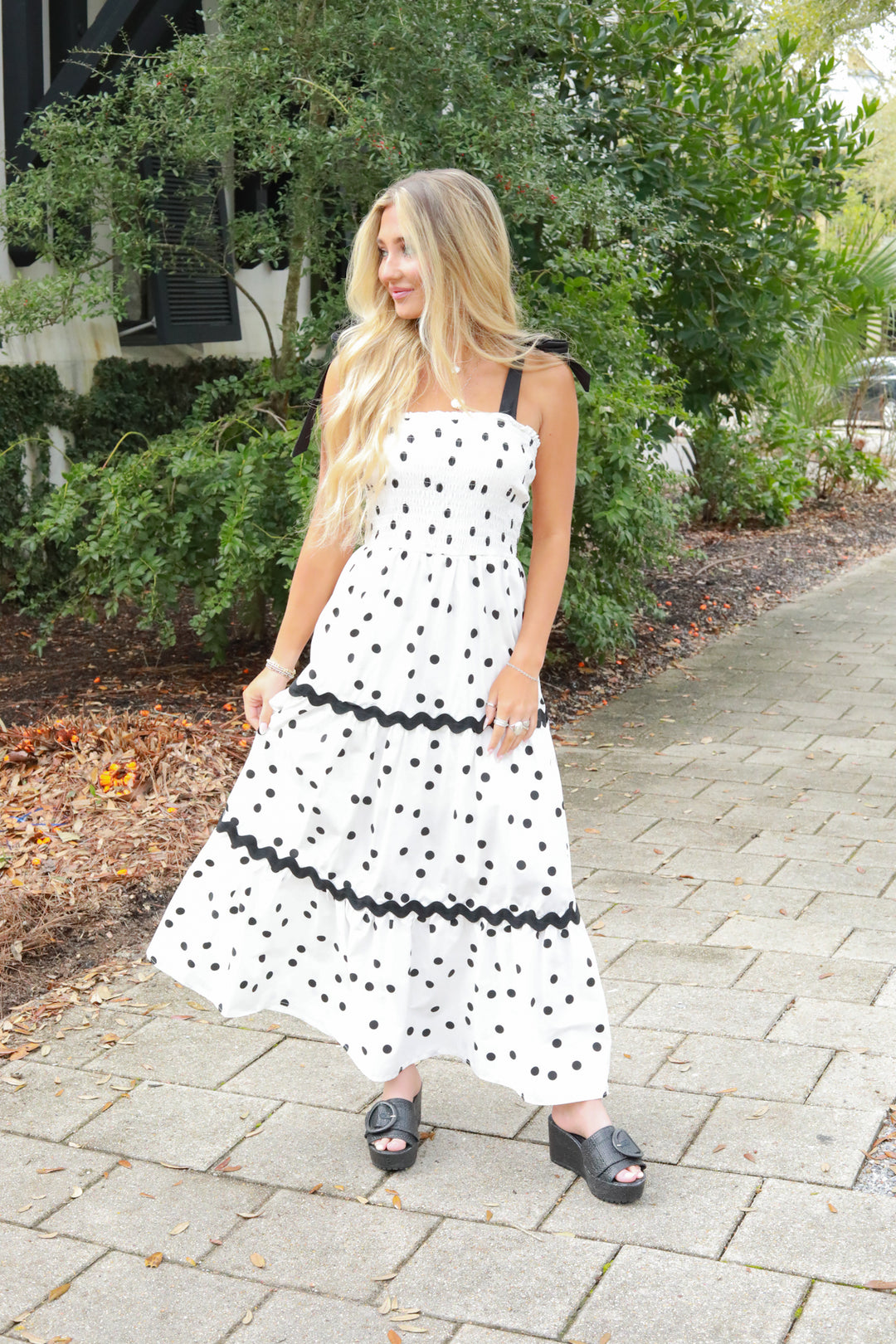 Polka Dot Tie Shoulder Midi Dress