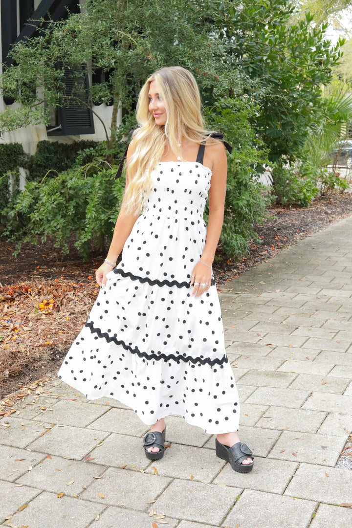 Polka Dot Tie Shoulder Midi Dress