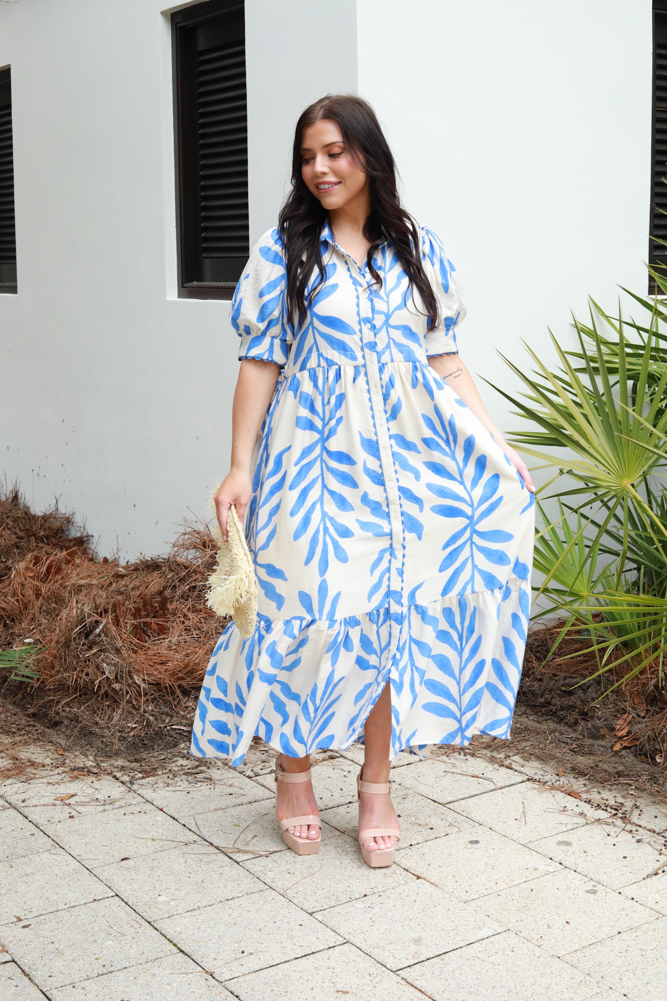 Leaf Print Button Down Midi Dress