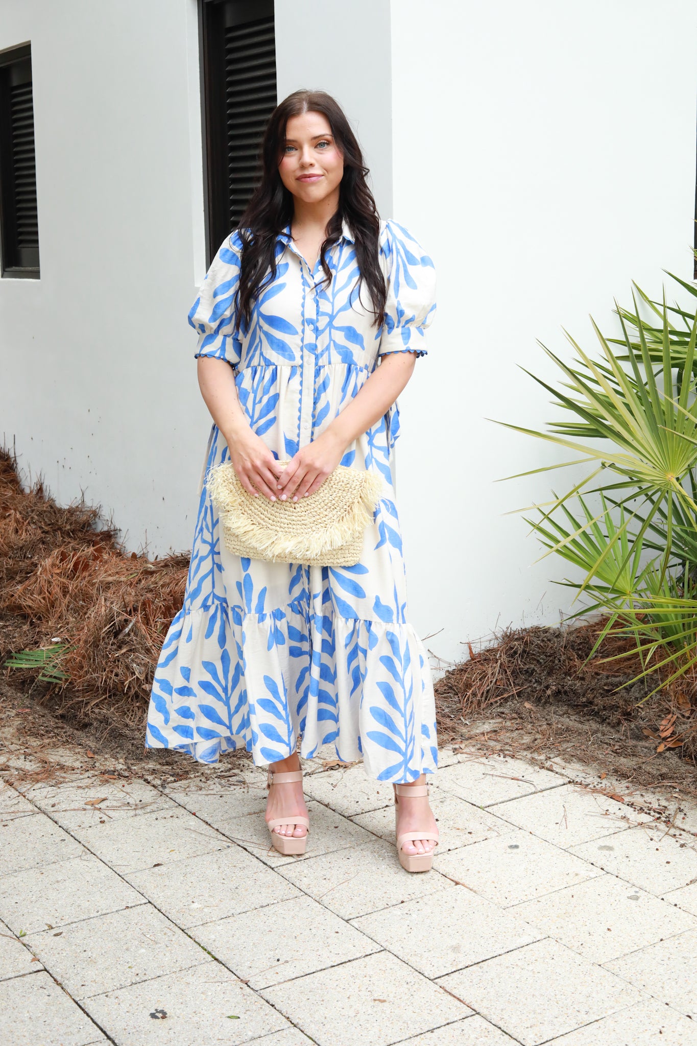 Leaf Print Button Down Midi Dress