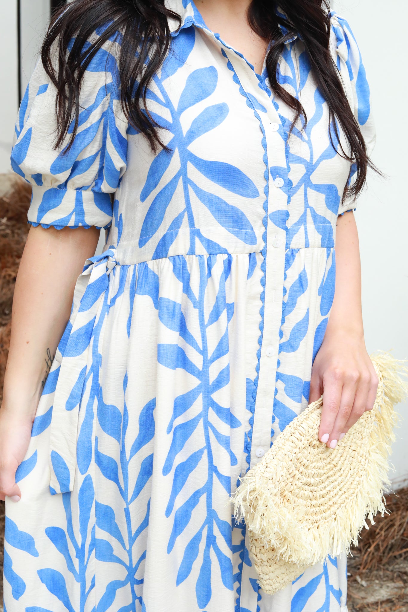 Leaf Print Button Down Midi Dress