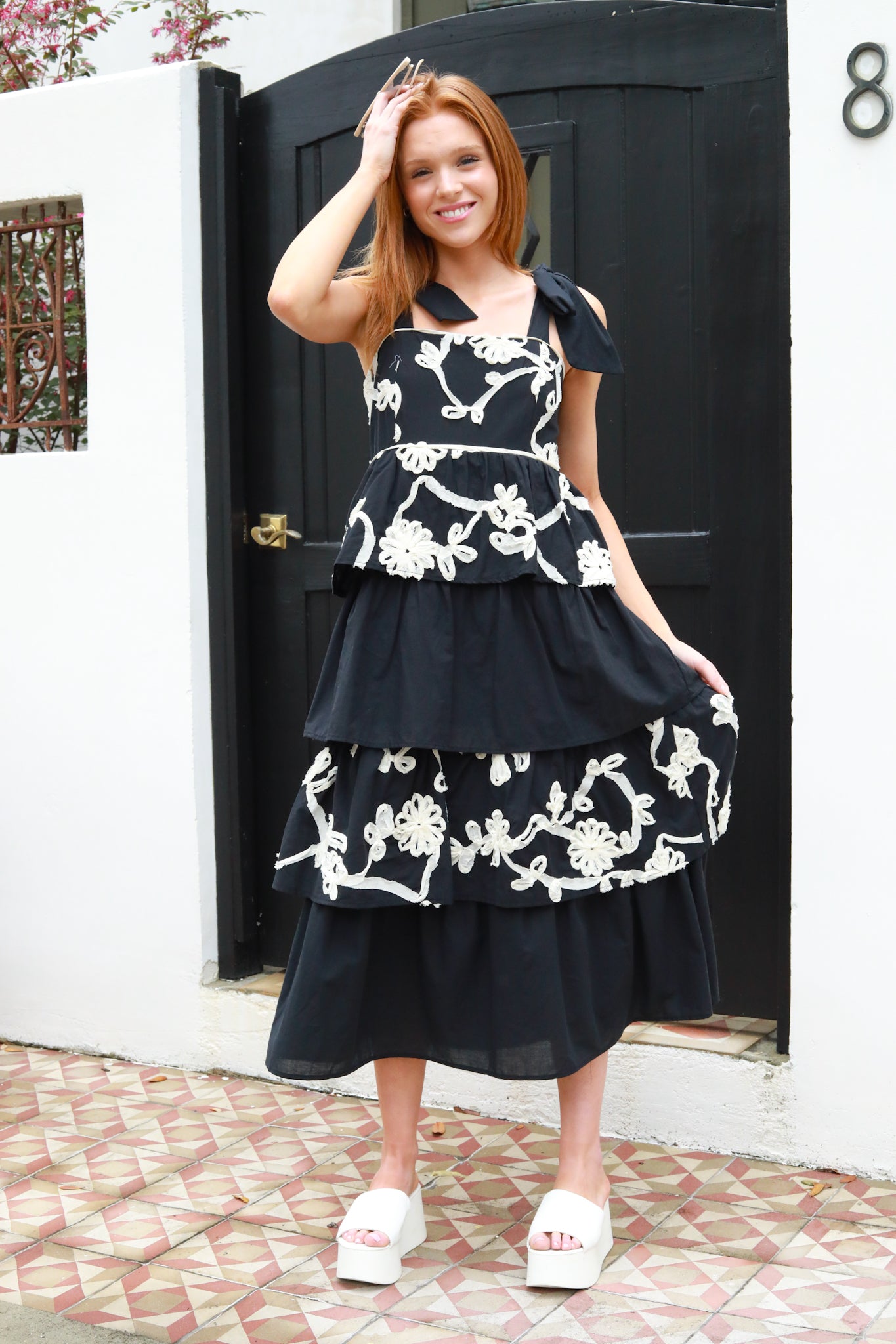 Tiered Textured Flower Midi Dress