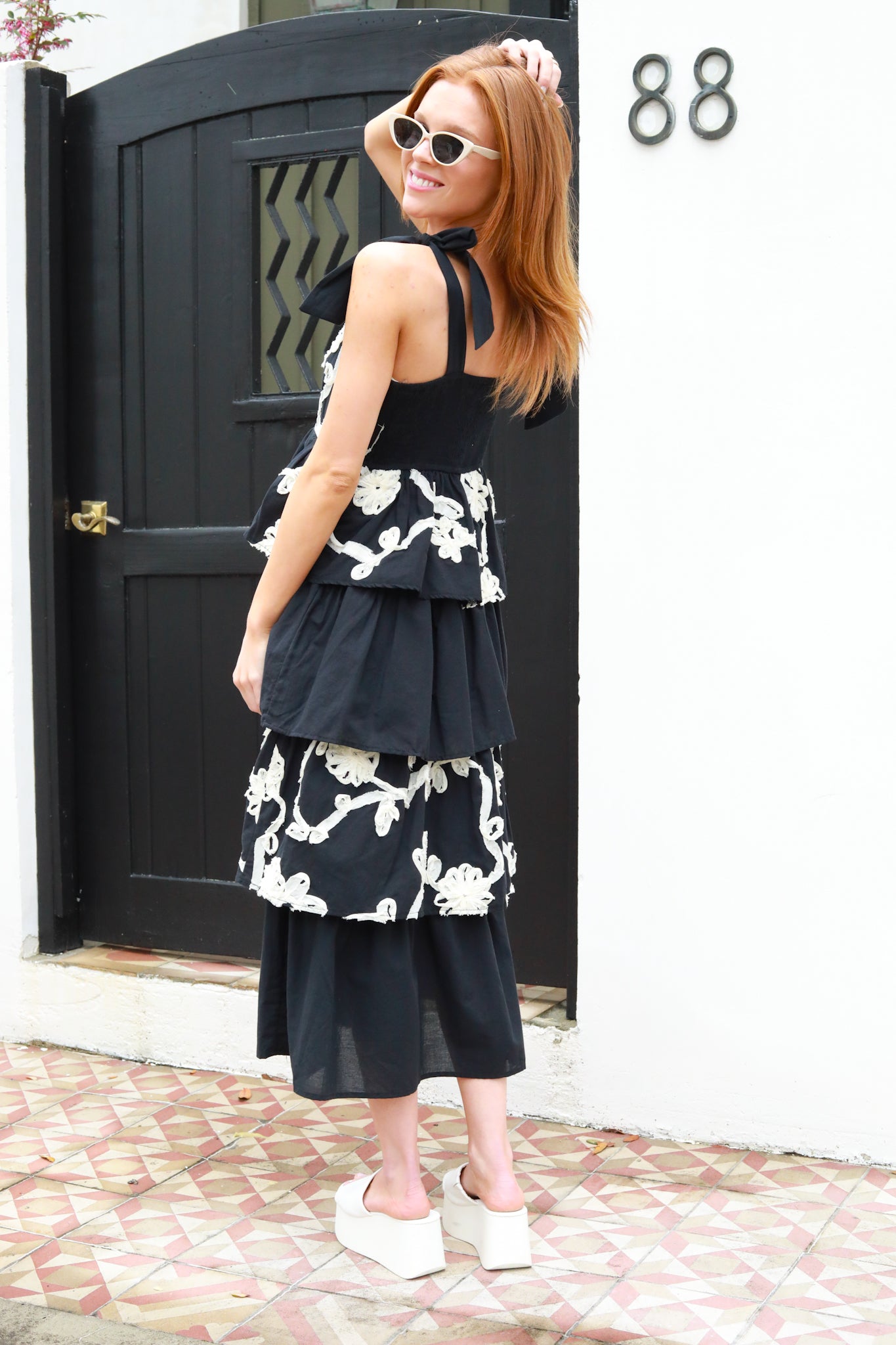 Tiered Textured Flower Midi Dress