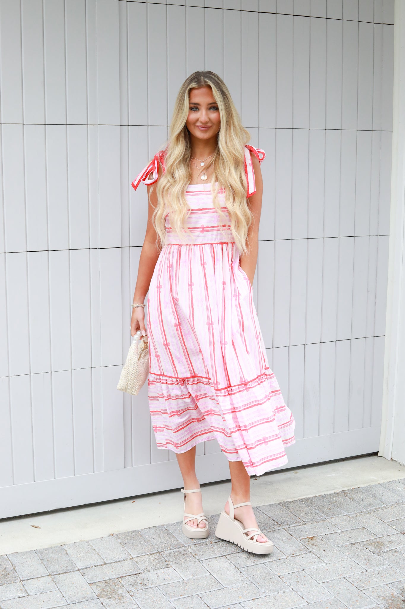 Stripe Bow Printed Midi Dress