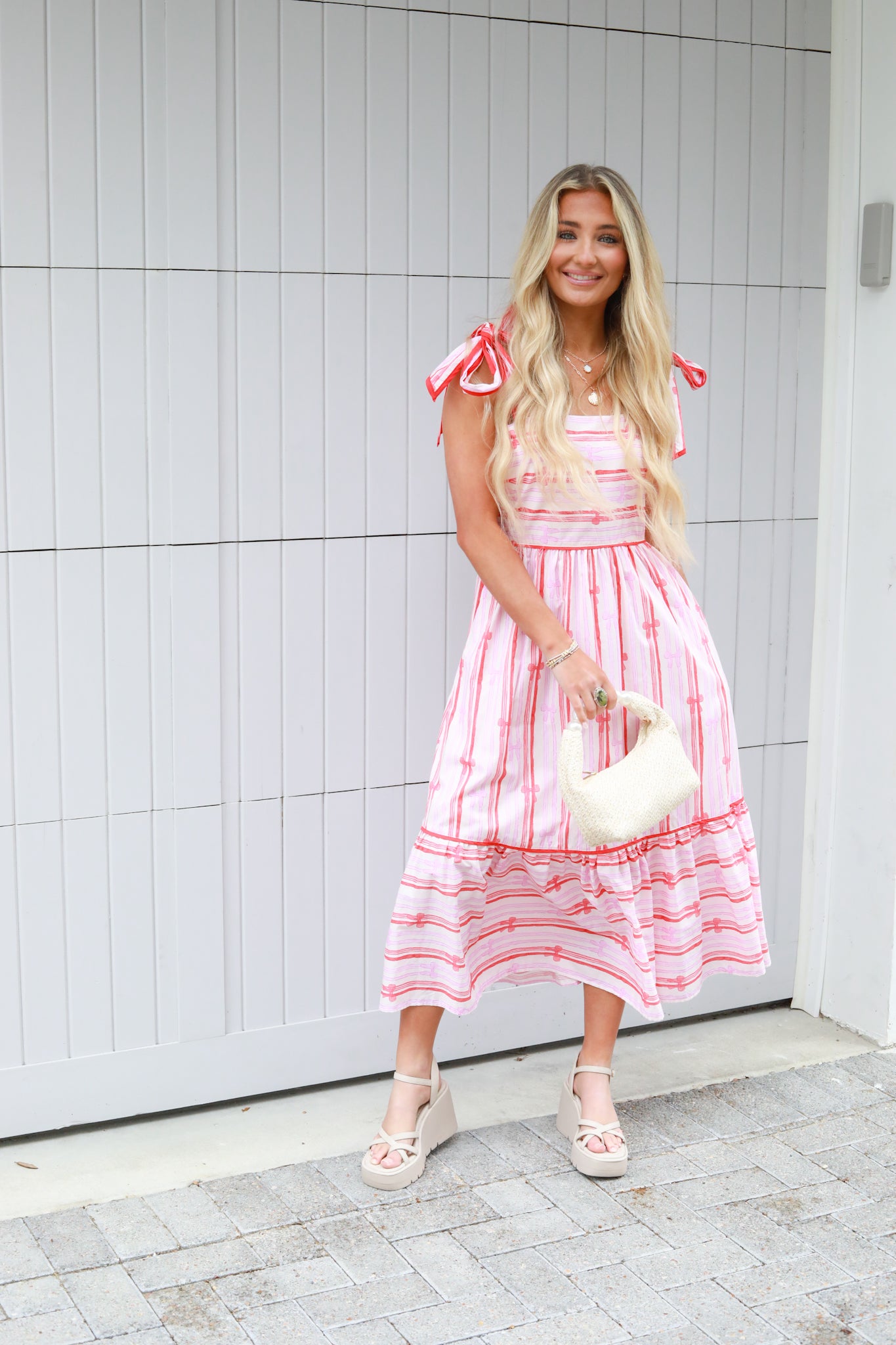 Stripe Bow Printed Midi Dress