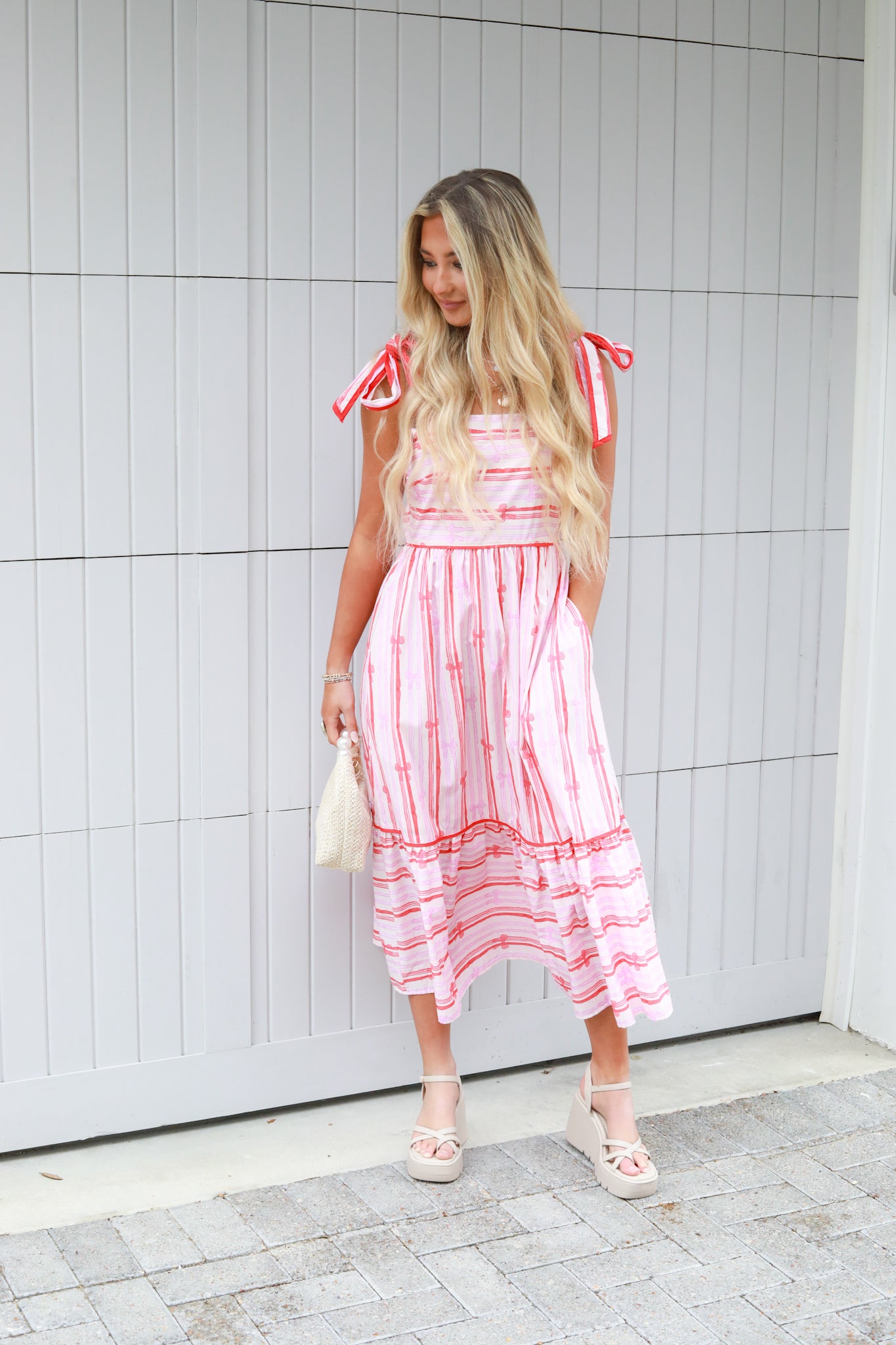 Stripe Bow Printed Midi Dress