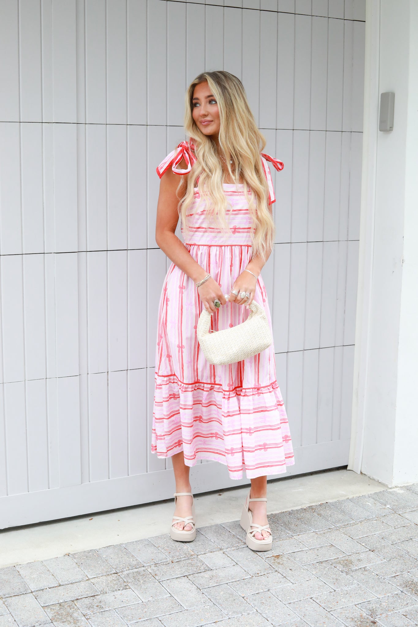 Stripe Bow Printed Midi Dress