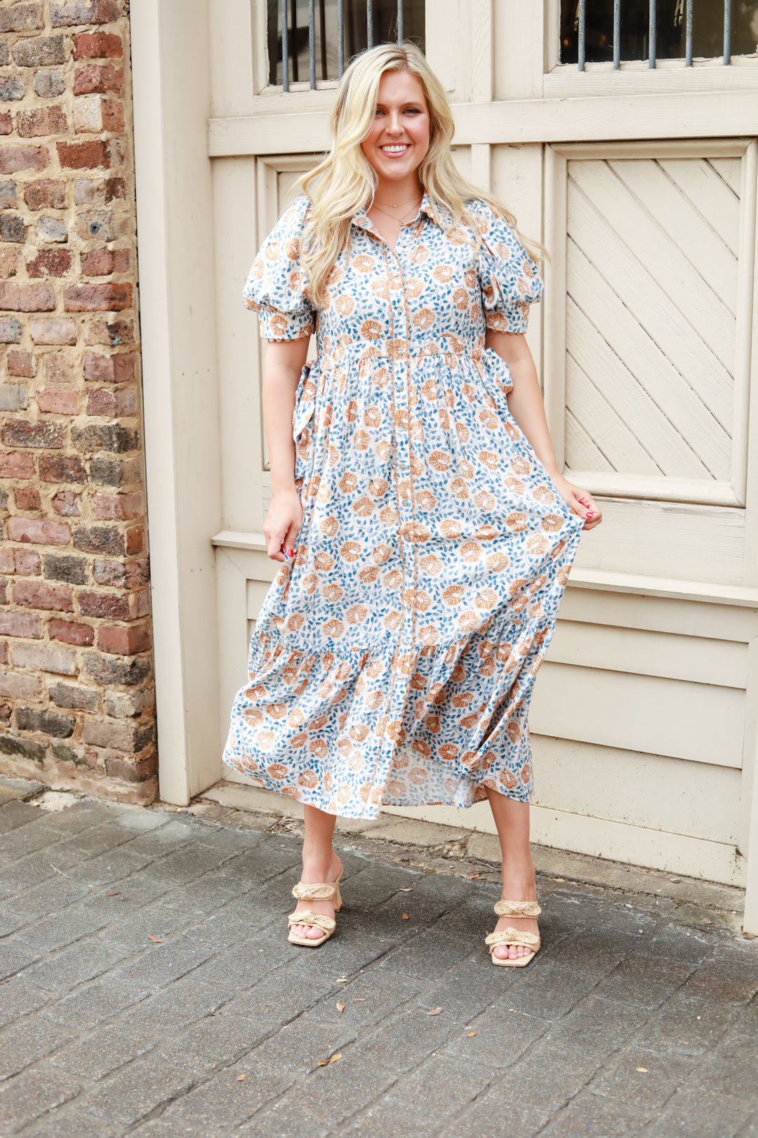 Tie Sides Puff Sleeve Midi Dress