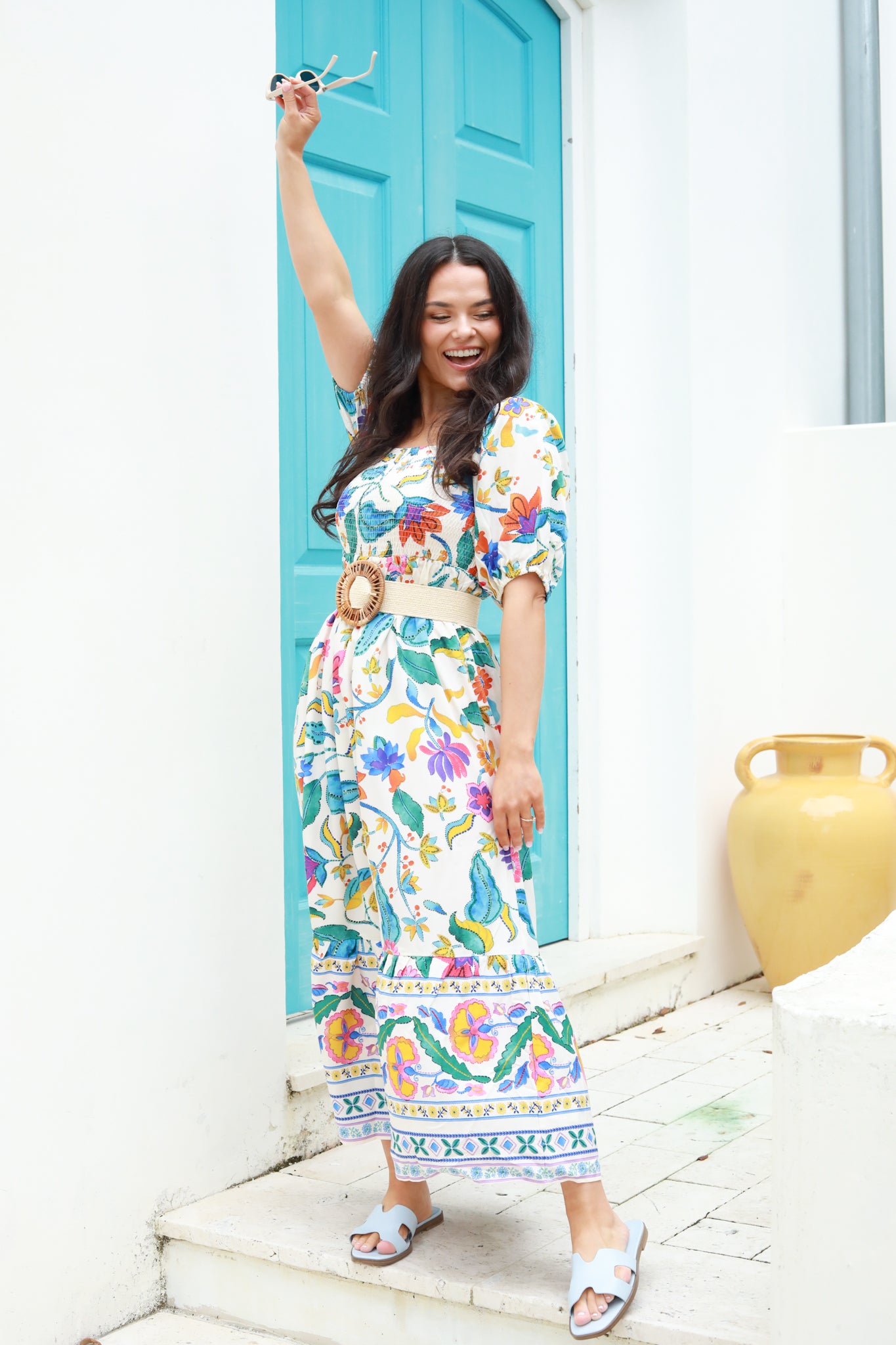 Bright Floral Smocked Midi Dress