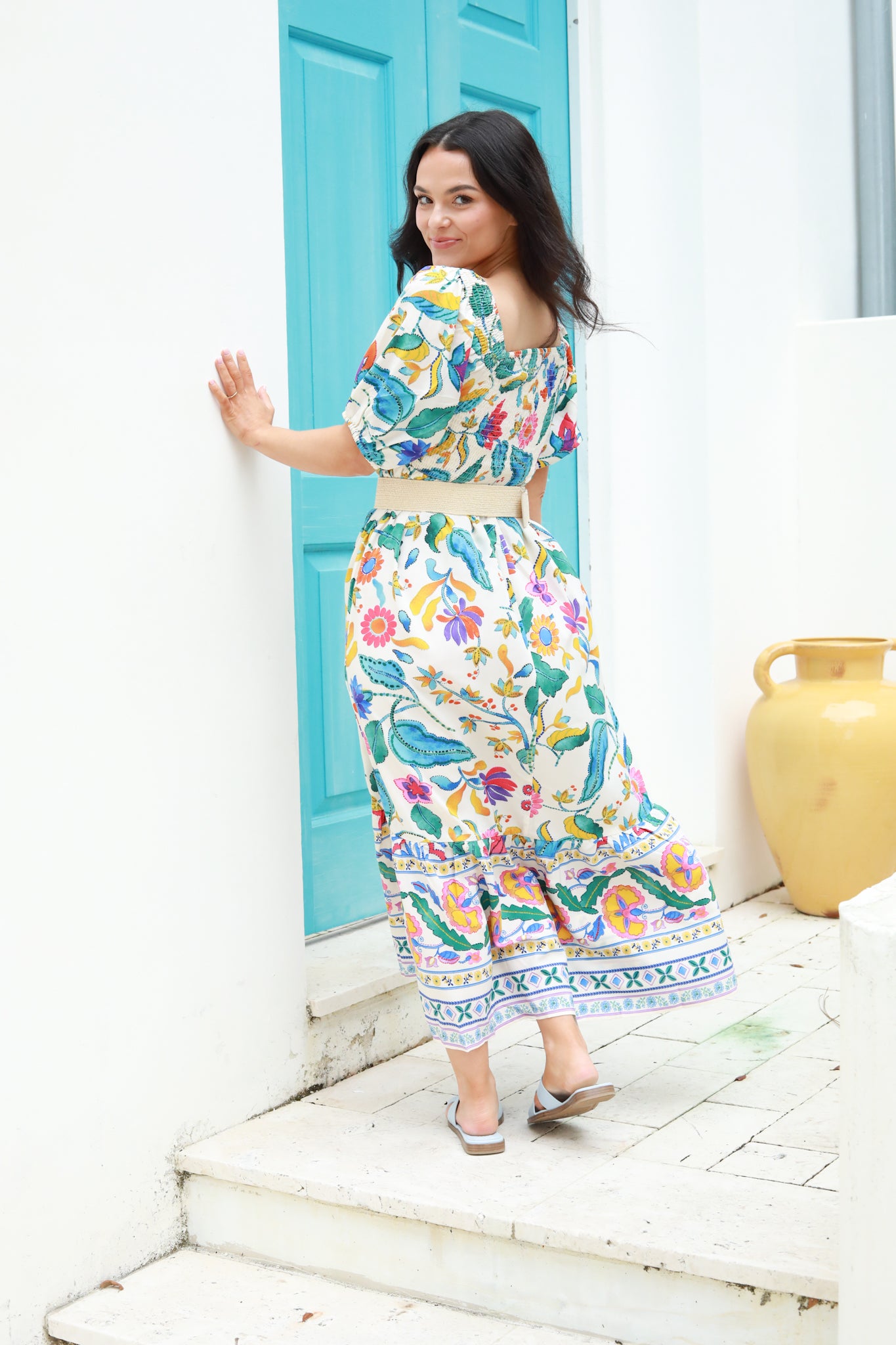 Bright Floral Smocked Midi Dress