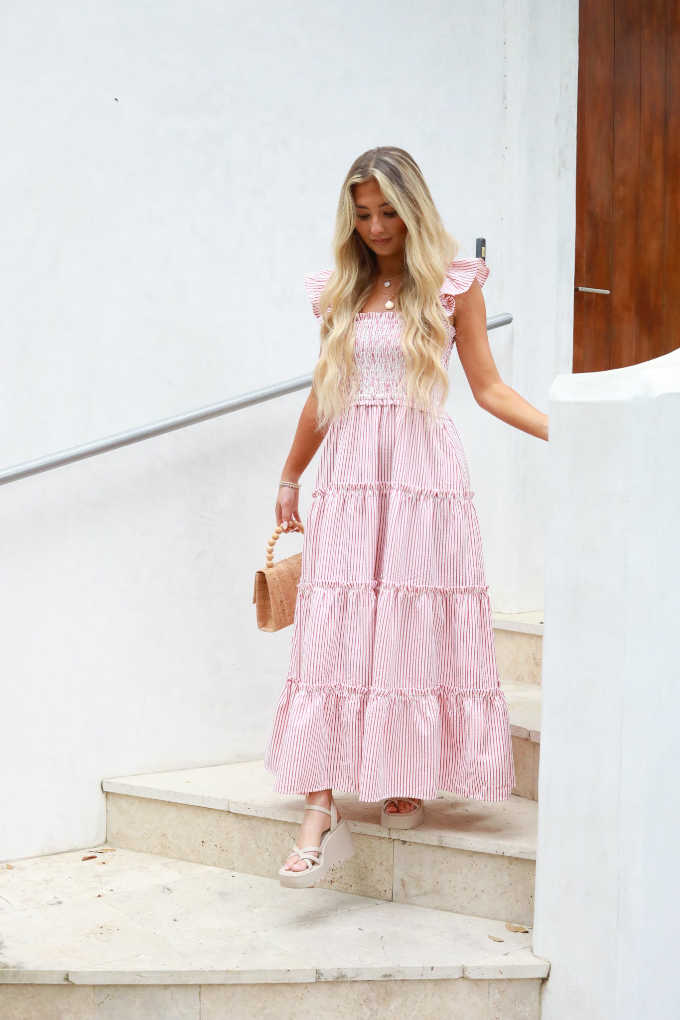 Smocked Stripe Ruffle Midi Dress