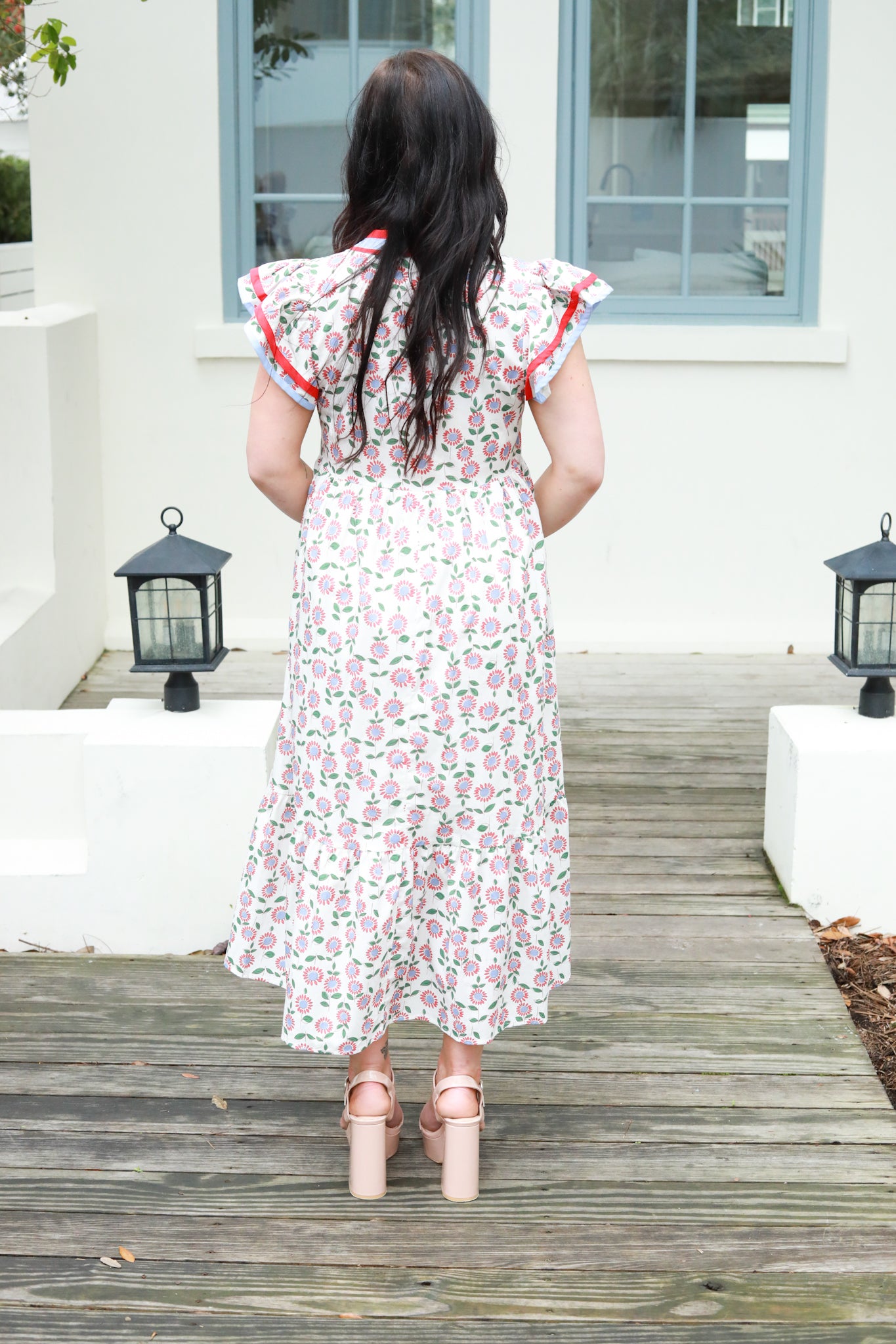 Stripe Taping Floral Midi Dress