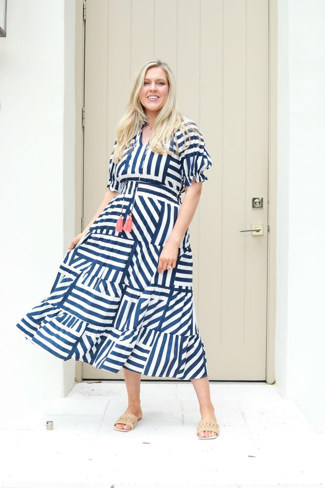 Striped Tie Neck Midi Dress