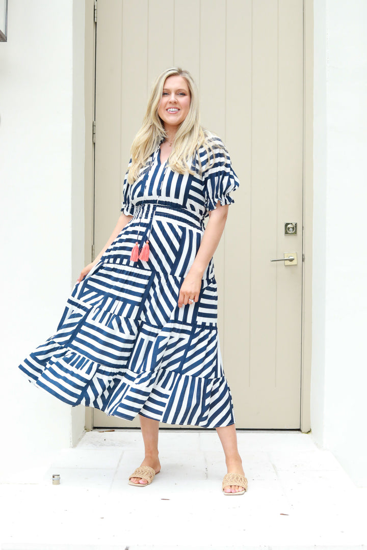 Striped Tie Neck Midi Dress