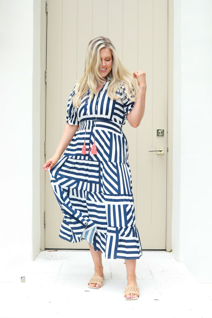 Striped Tie Neck Midi Dress